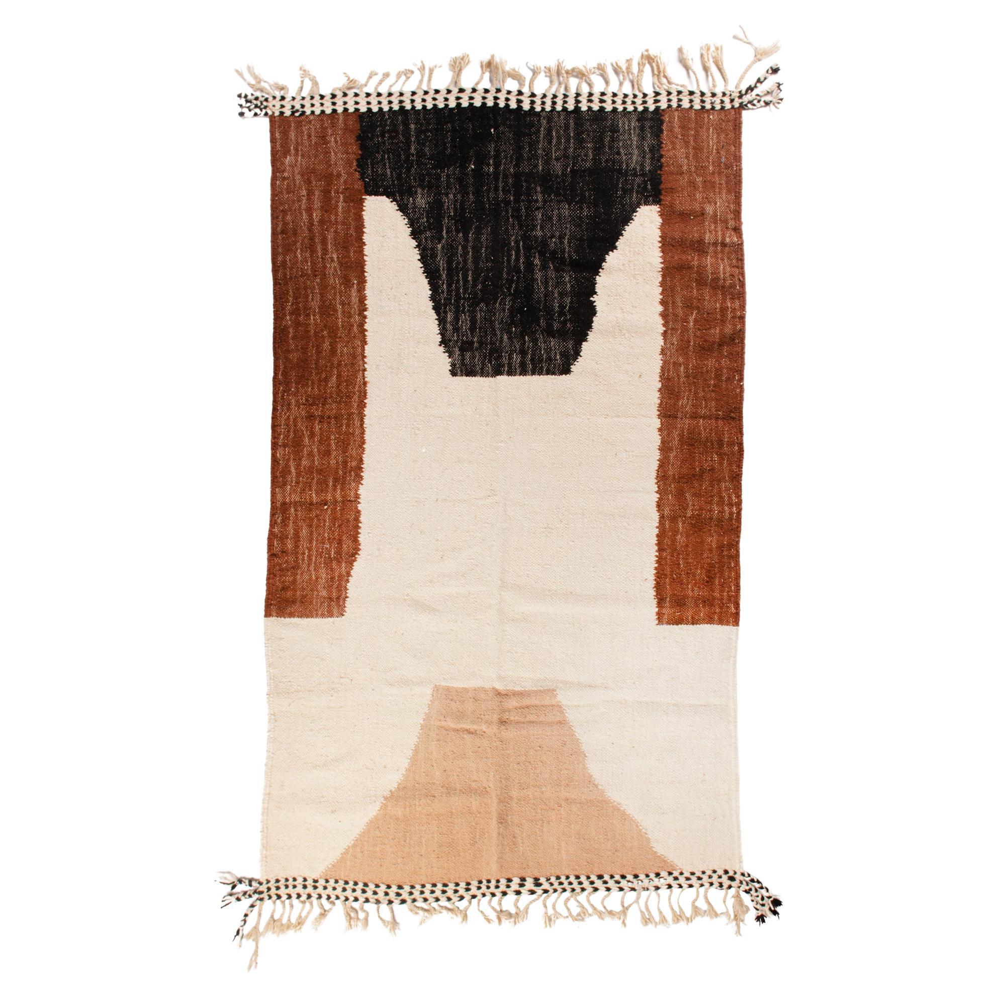 Flatwoven rug, Moroccan Biege and Brown Color Wool Rug with Tassels, In Stock