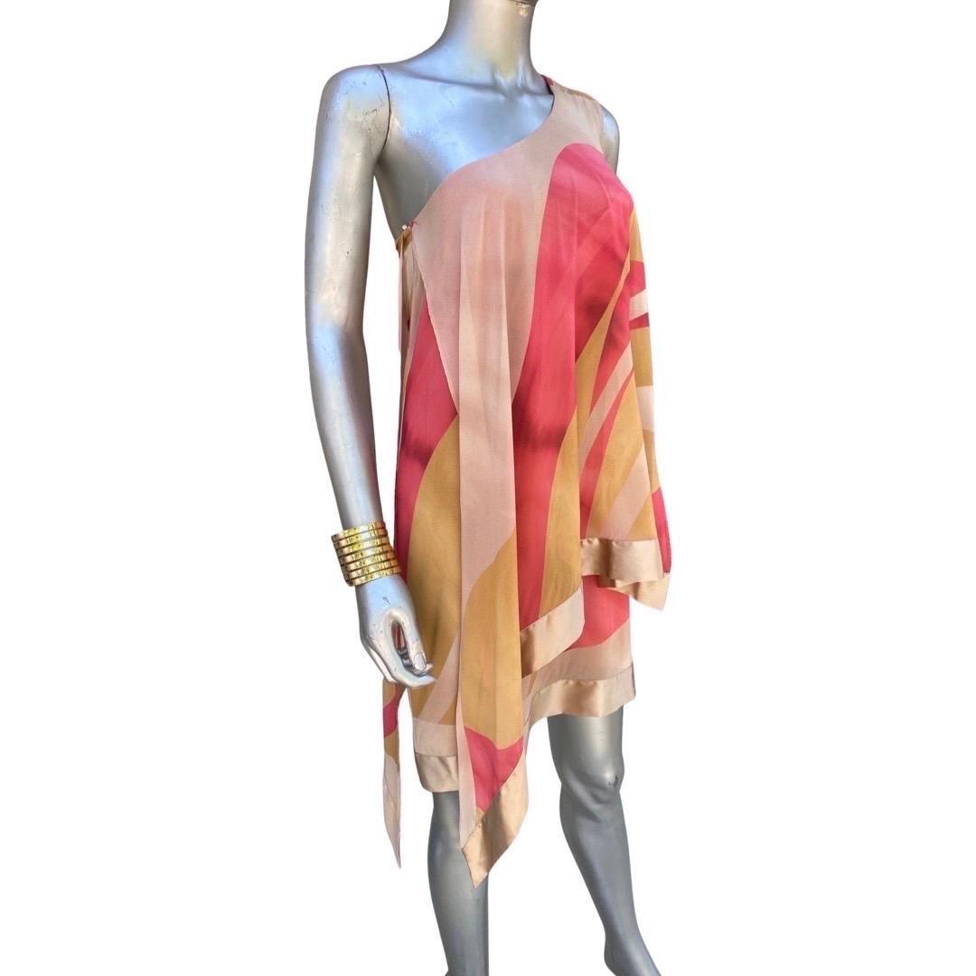 Flavio Castellani One Shoulder Asymmetrical Sexy Silk Print Dress Size 6  For Sale 5