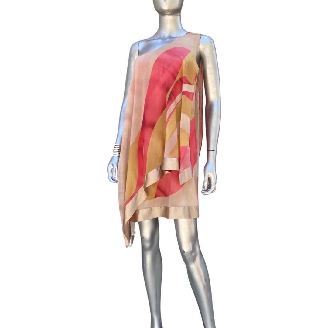Brown Flavio Castellani One Shoulder Asymmetrical Sexy Silk Print Dress Size 6  For Sale