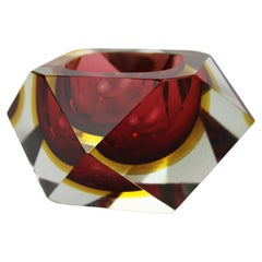 Flavio Poli Cenicero Murano Glass Sommerso Amarillo Rojo Tazón de cristal facetado Italia Años 60