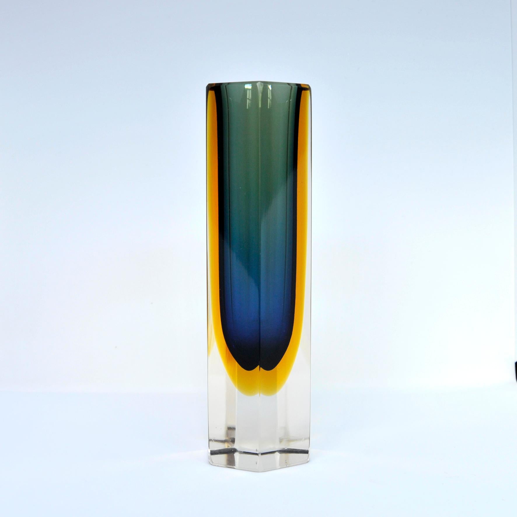 Unique Mid-Century Modern hexagon glass block by Flavio Poli. This handblown Murano vase has a wonderful Sommerso decoration and superb coloring in dark teal/amber.