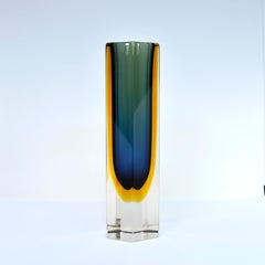 Flavio Poli Blue or Amber Sommerso Hexagon Glass Block Vase