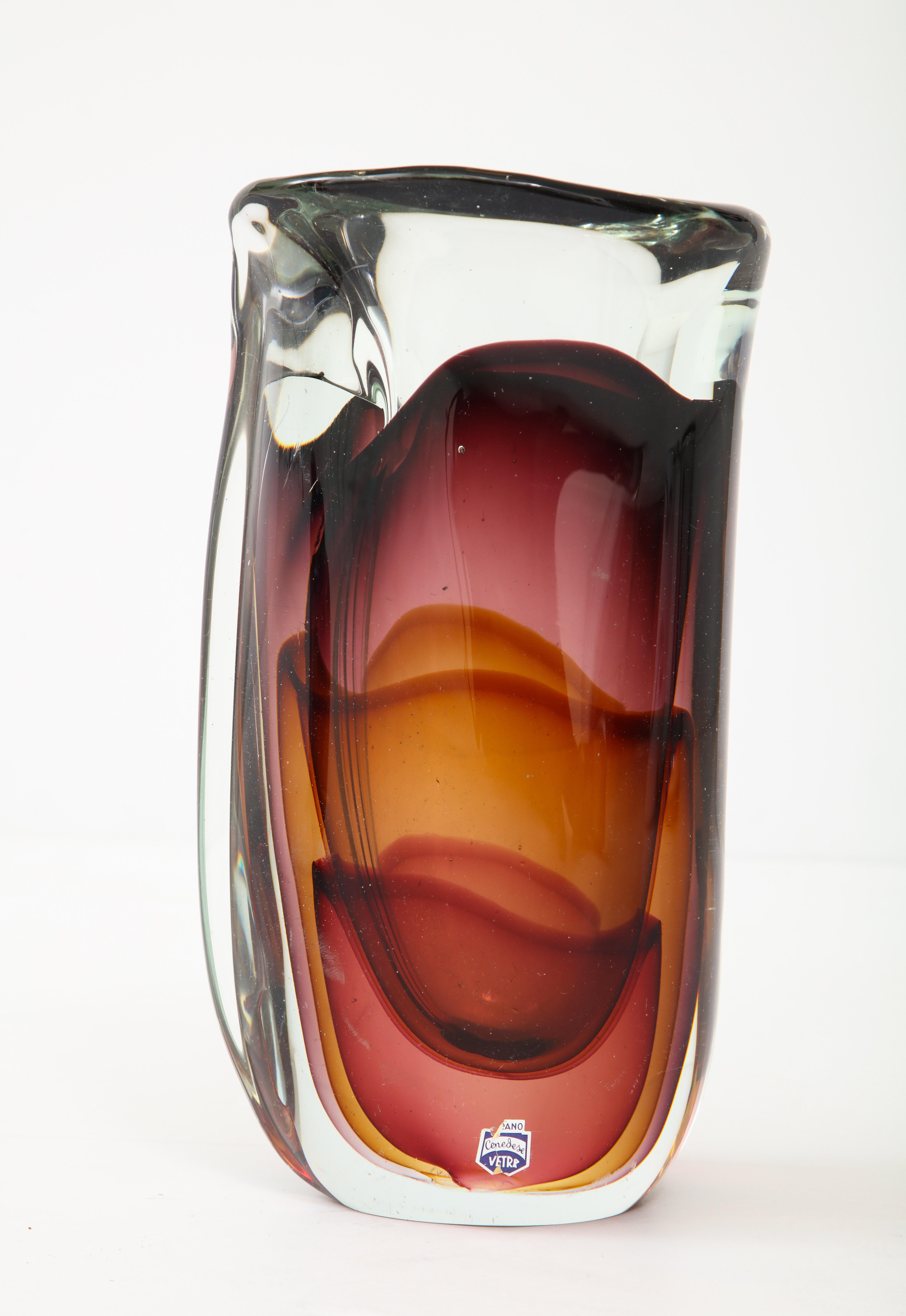 Midcentury Murano glass vase with internal smokey colors of amber, violet, rose with an ombre effect encased in thick clear glass. Flavio Poli for Cendese, labeled.