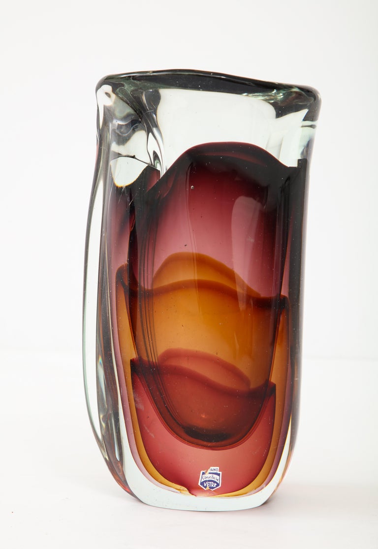 Midcentury Murano glass vase with internal smokey colors of amber, violet, rose with an ombre effect encased in thick clear glass. Flavio Poli for Cendese, labeled.