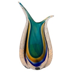 Flavio Poli for Seguso Large Green Amber Blue Sommerso Glass Teardrop Vase
