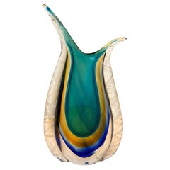 Flavio Poli for Seguso Large Green Amber Blue Sommerso Glass Teardrop Vase