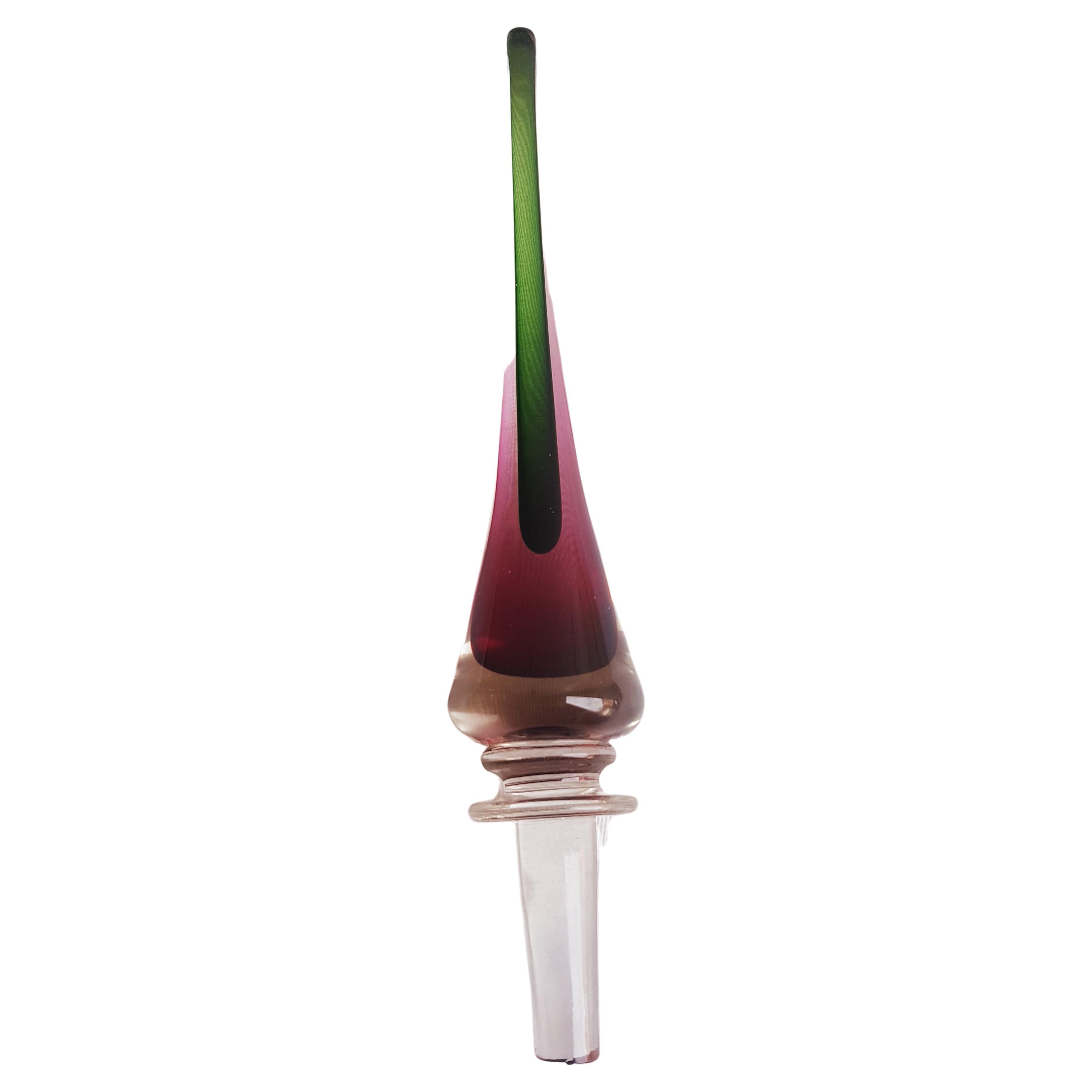 Beautiful middle of century murano glass large sommerso bottle with stopper, green, purple and clear by Flavio Poli for Seguso with original Import company label Hans G. 1940-1980 brilliant condition.