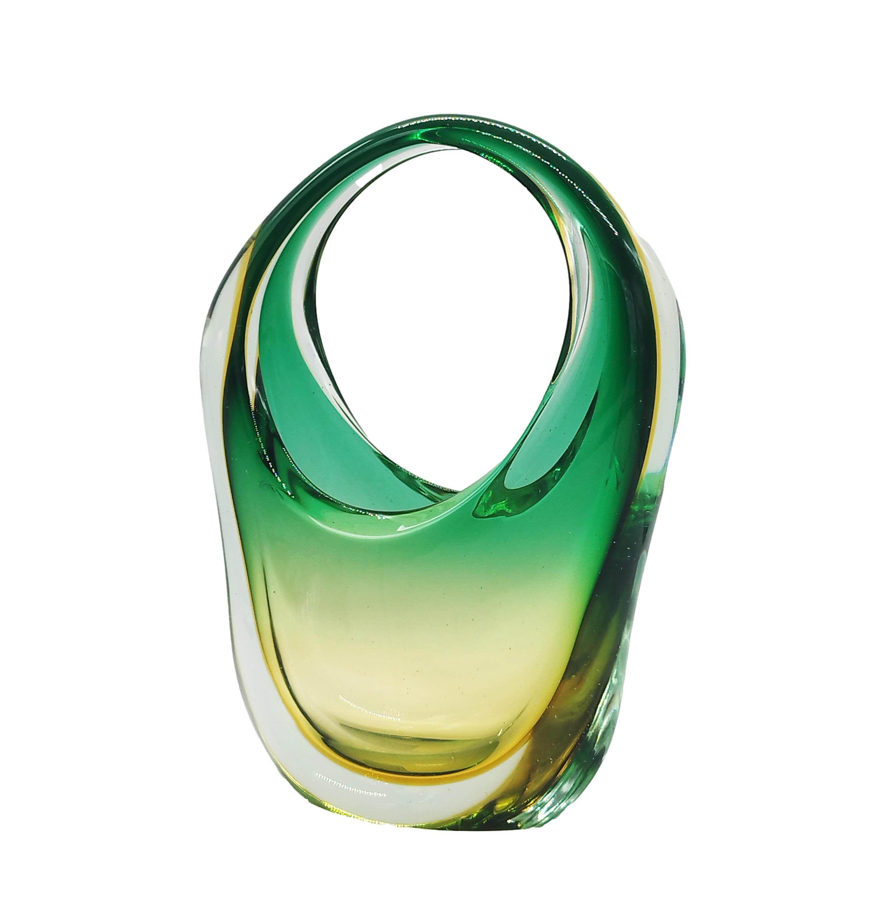 Green and amber submerged glass centrepiece with ring-shaped handle, late 1960s
Murano glass, Flavio Poli for Seguso