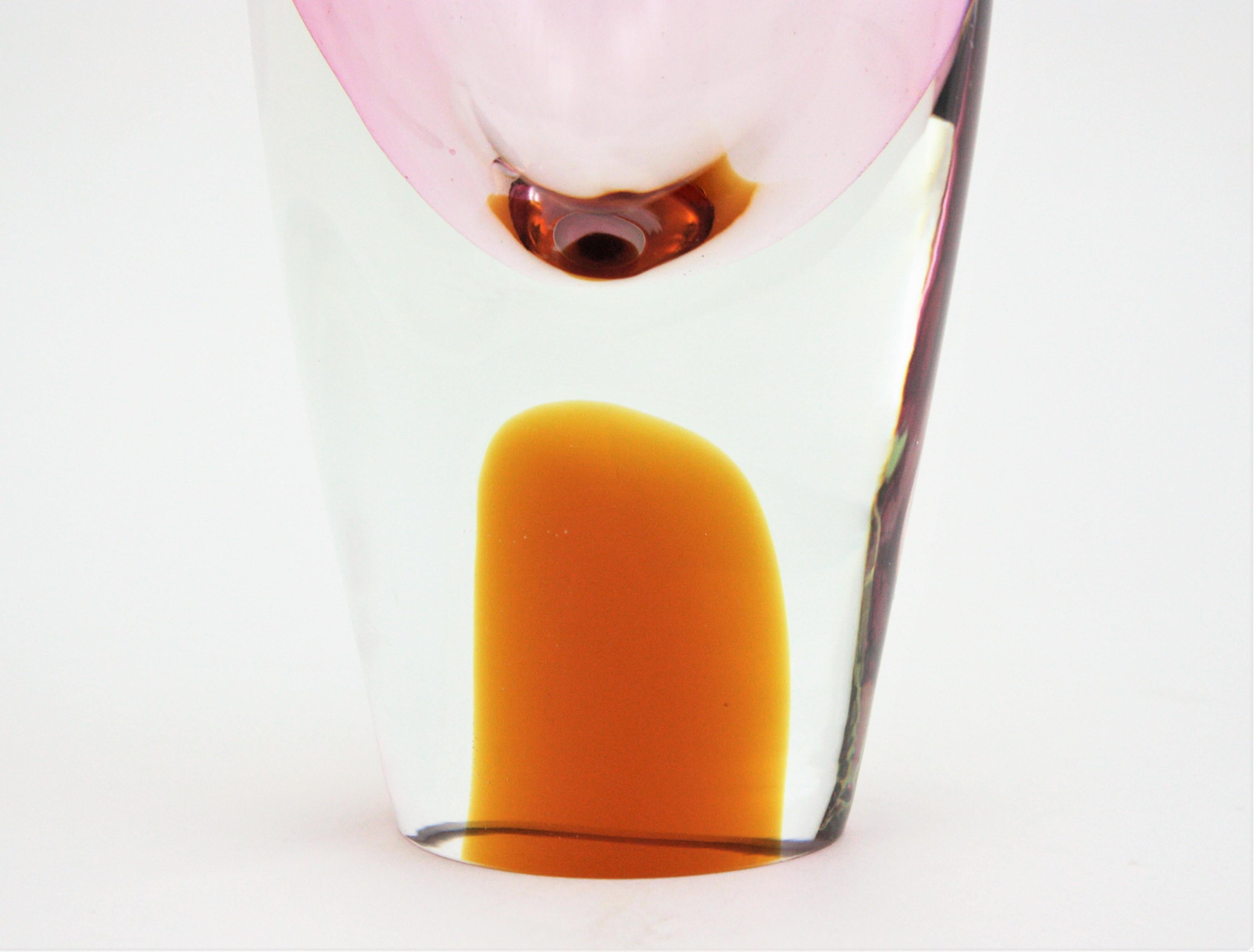 Flavio Poli for Seguso Murano Sommerso Pink, Clear & Amber Art Glas Ovoid Vase 3
