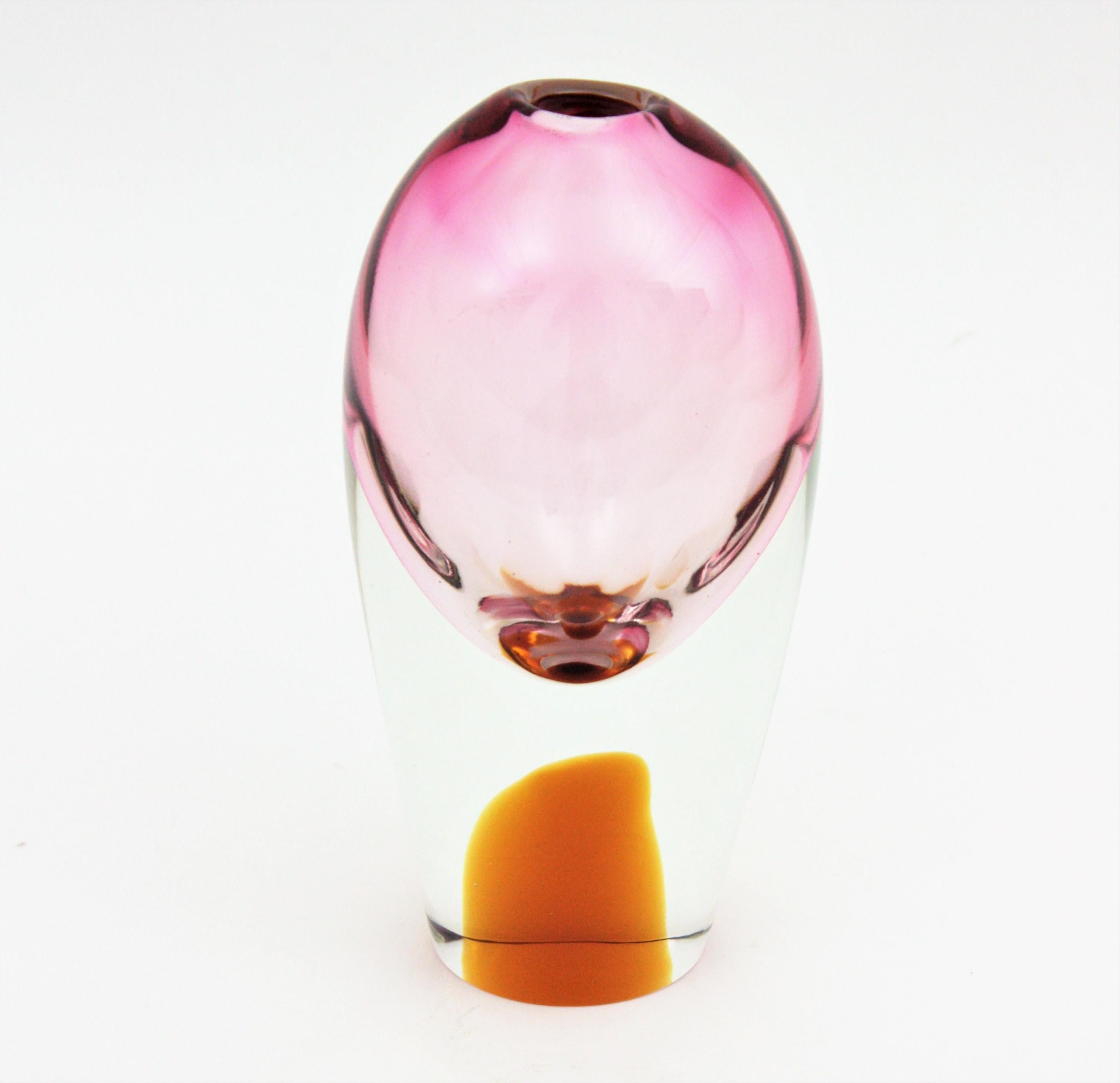 Mid-Century Modern Flavio Poli for Seguso Murano Sommerso Pink, Clear & Amber Art Glas Ovoid Vase