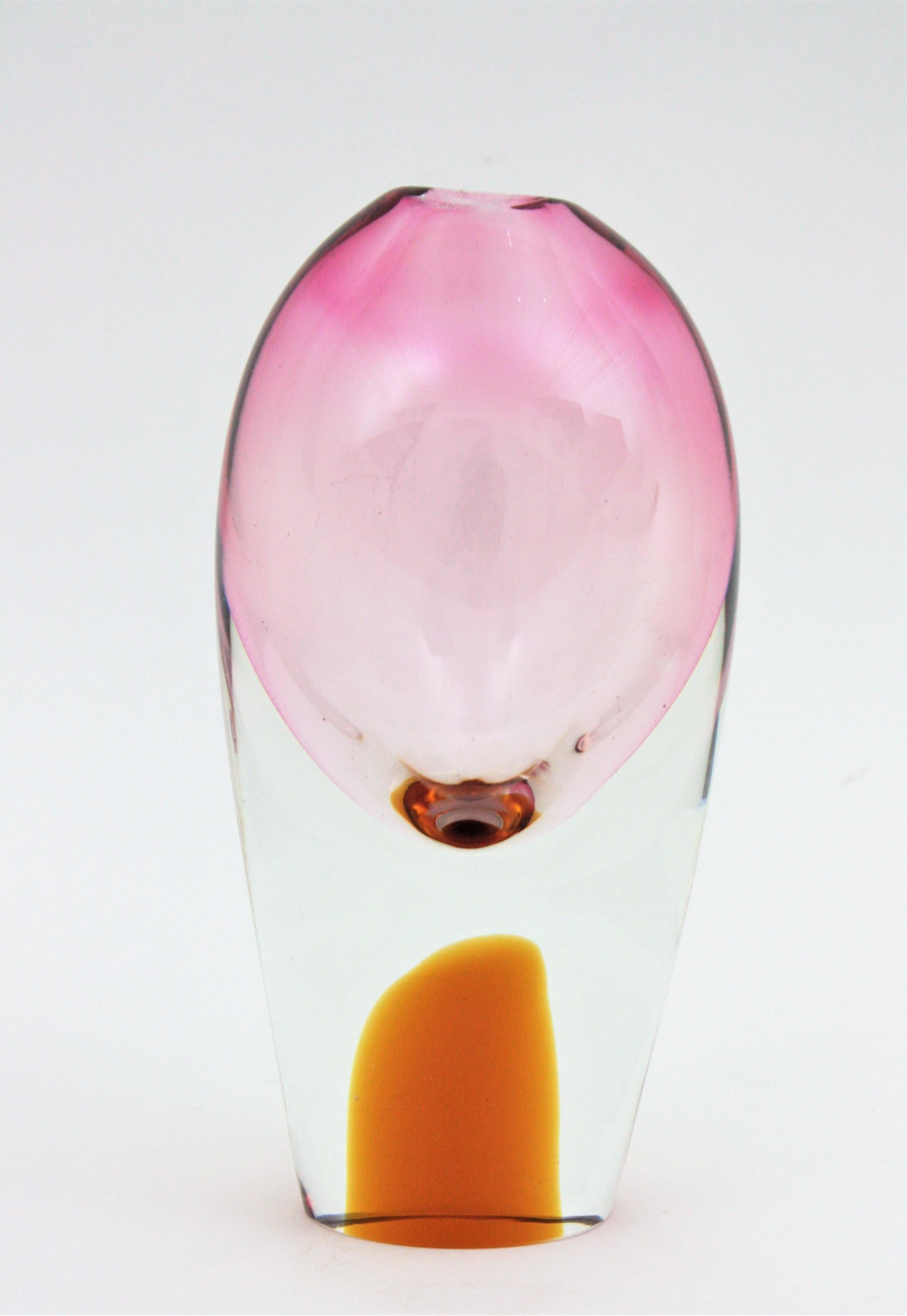 Italian Flavio Poli for Seguso Murano Sommerso Pink, Clear & Amber Art Glas Ovoid Vase