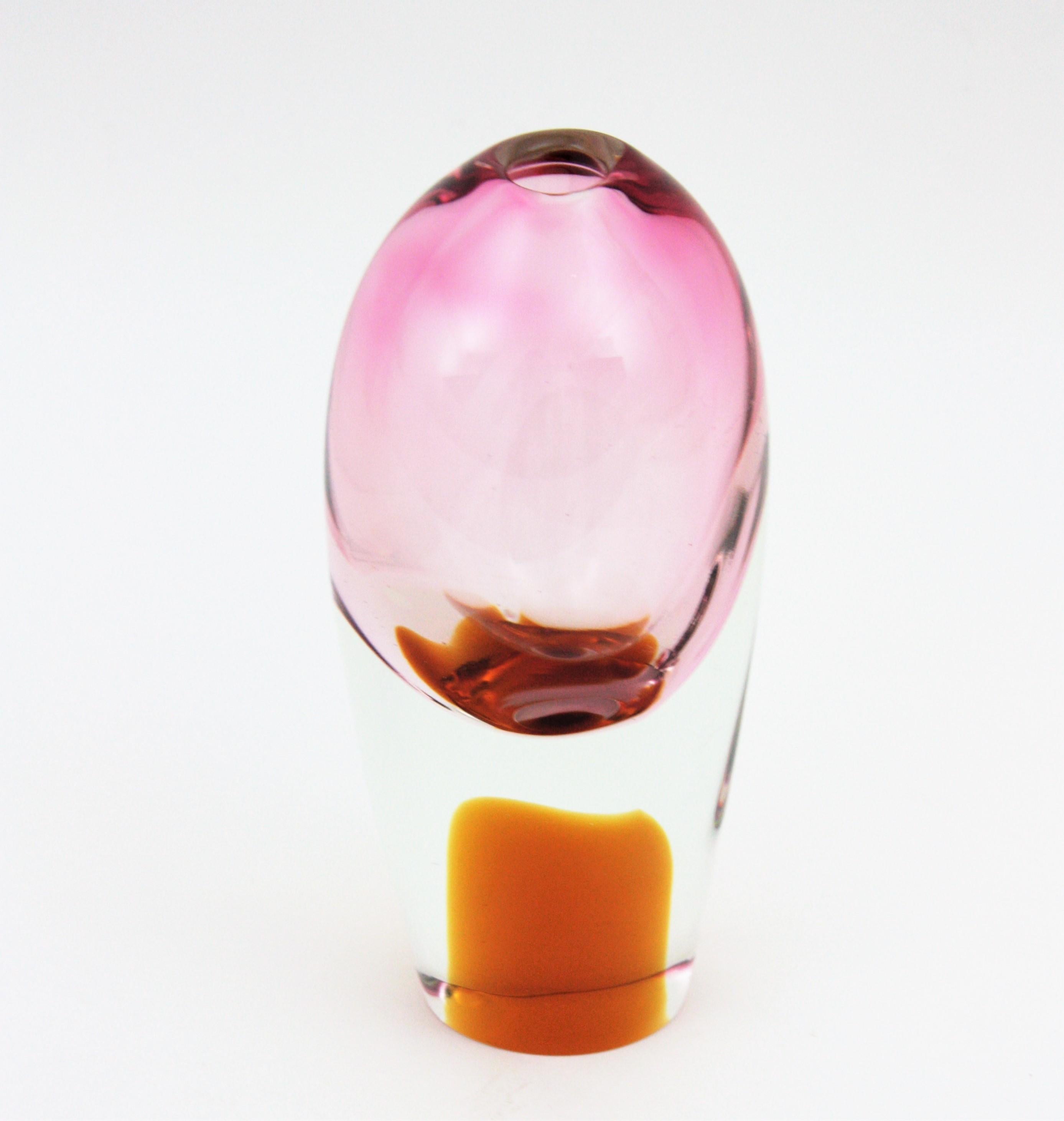 20th Century Flavio Poli for Seguso Murano Sommerso Pink, Clear & Amber Art Glas Ovoid Vase