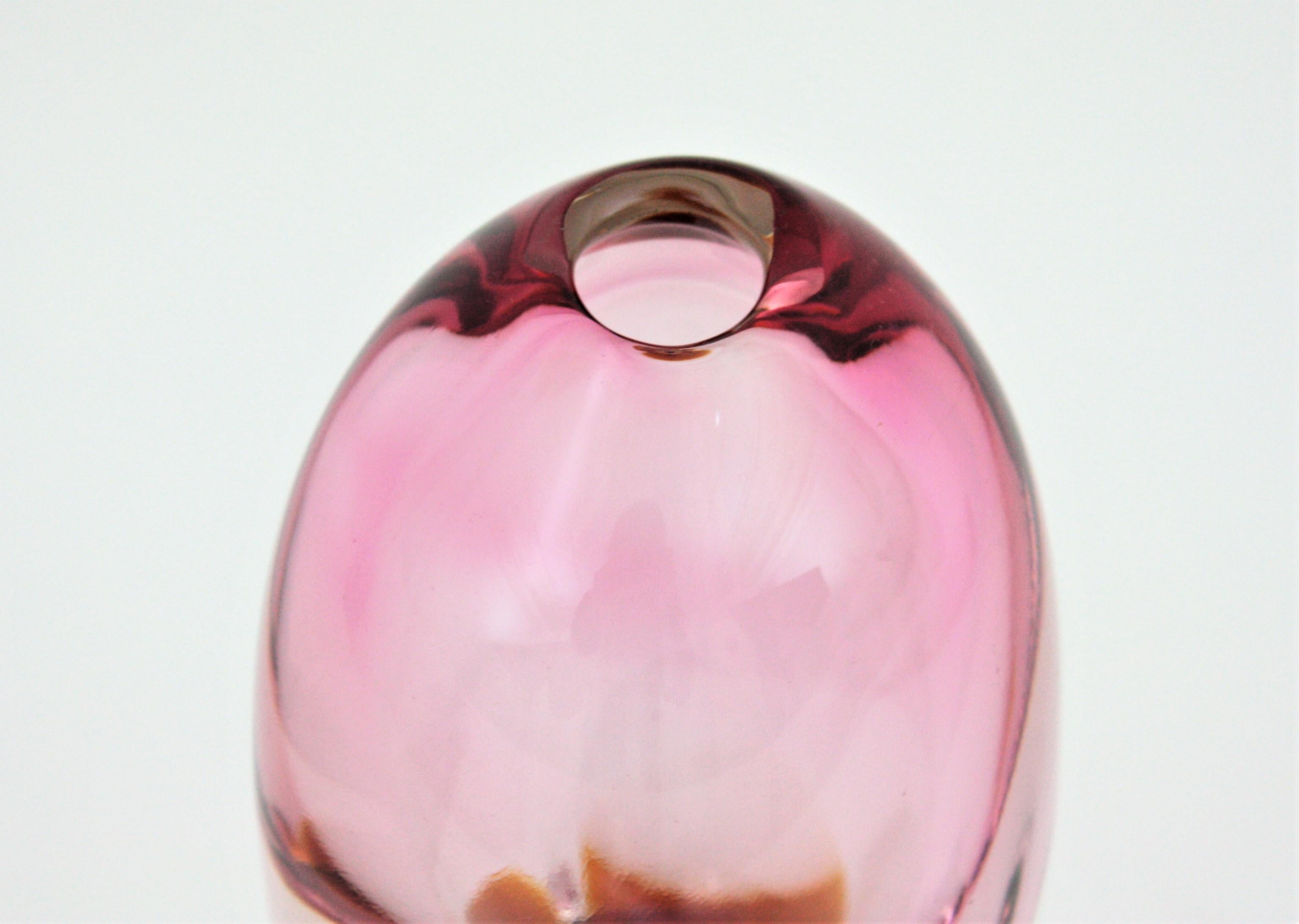 Art Glass Flavio Poli for Seguso Murano Sommerso Pink, Clear & Amber Art Glas Ovoid Vase