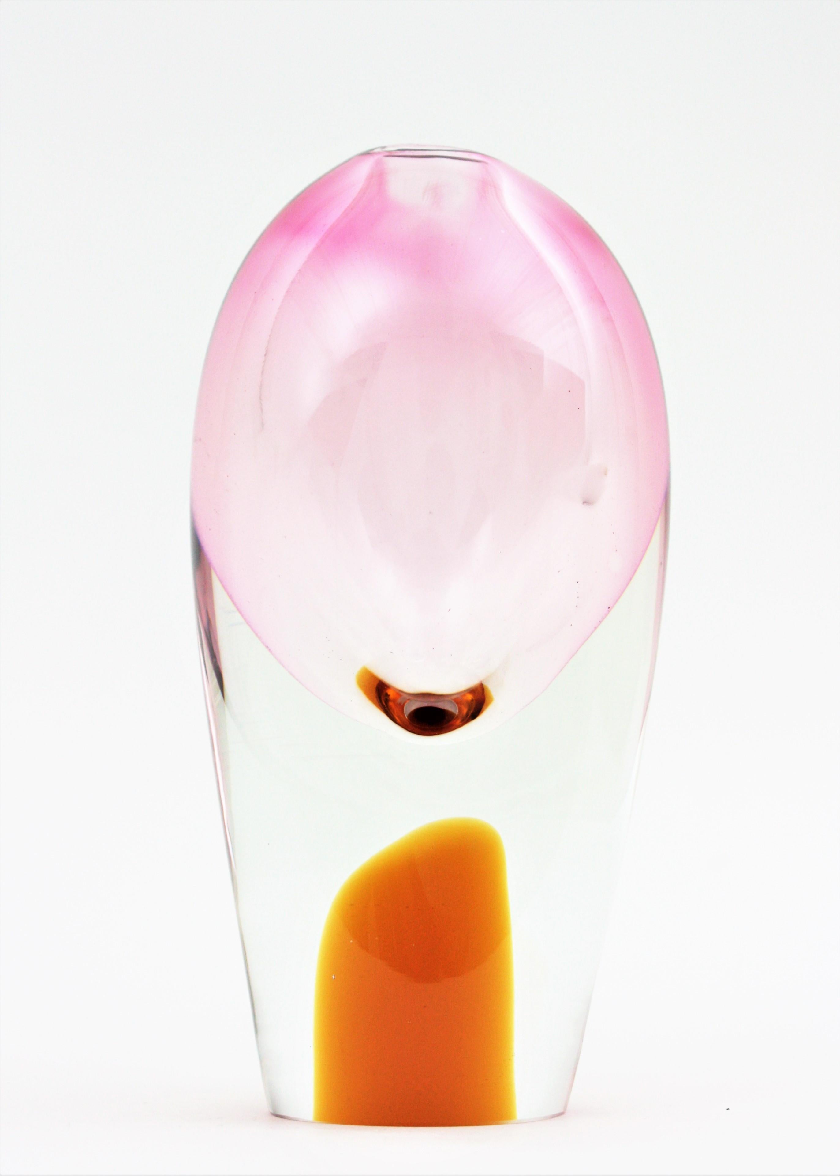 Flavio Poli for Seguso Murano Sommerso Pink, Clear & Amber Art Glas Ovoid Vase 1