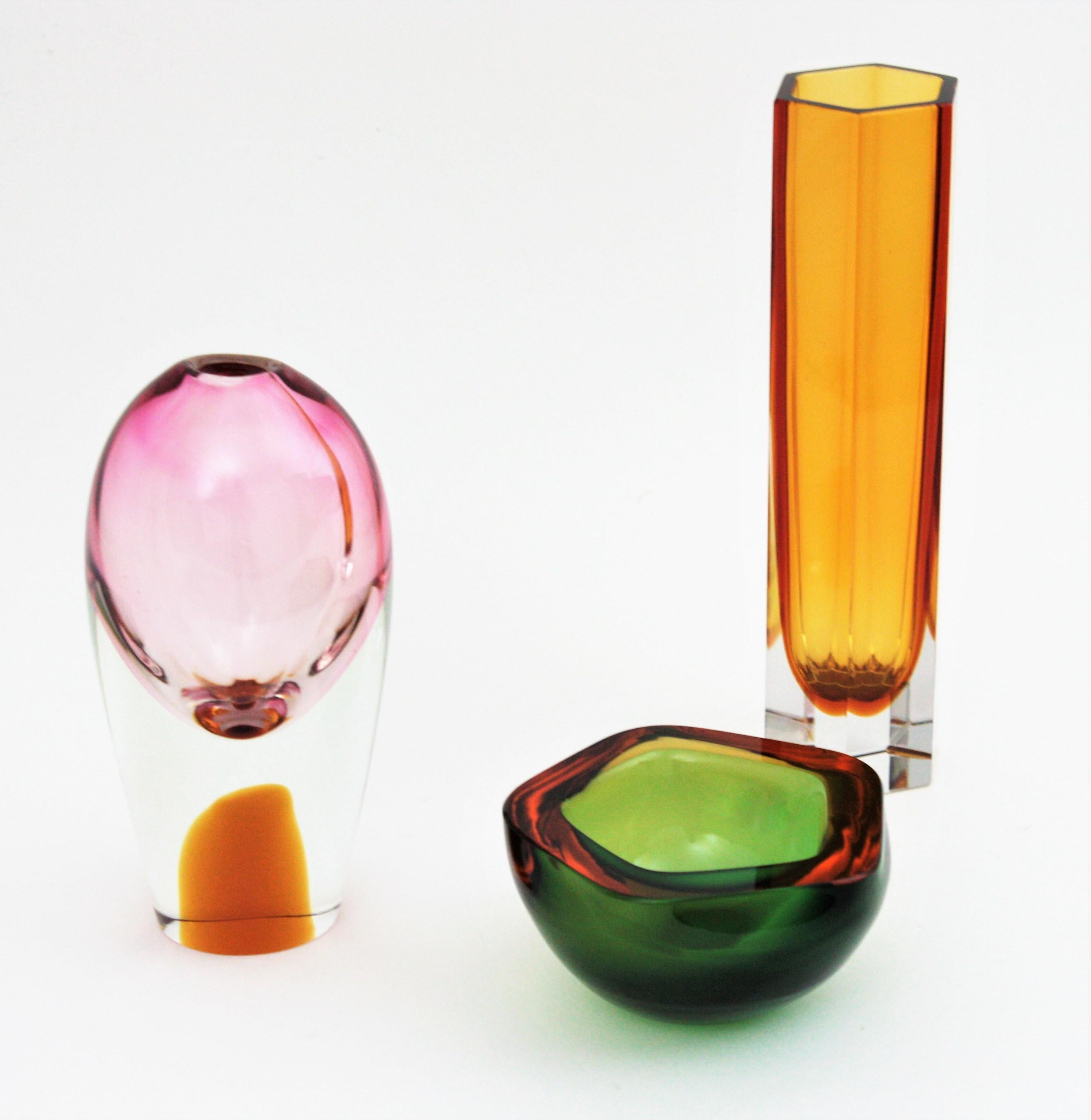 Flavio Poli for Seguso Murano Sommerso Pink, Clear & Amber Art Glas Ovoid Vase 2