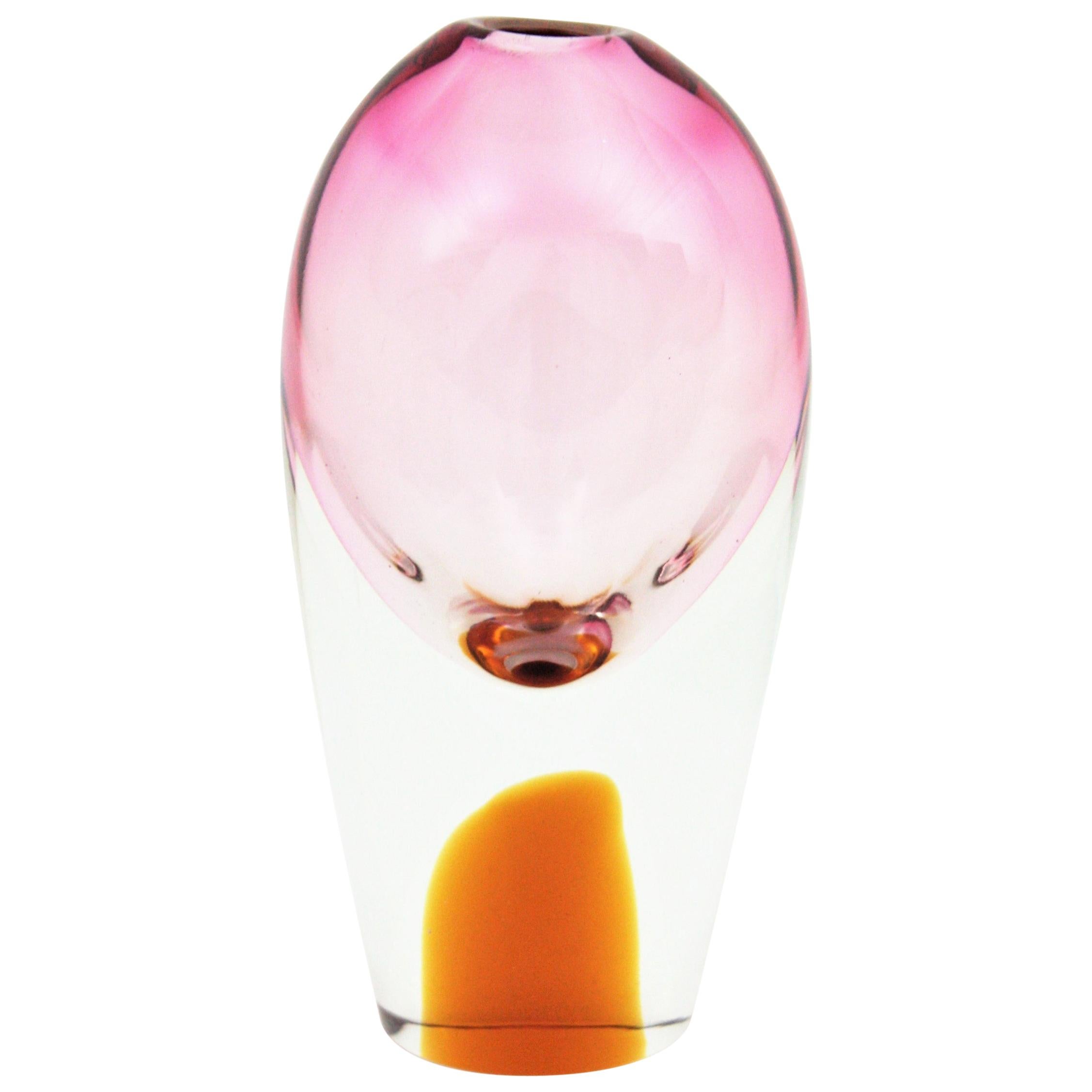 Flavio Poli for Seguso Murano Sommerso Pink, Clear & Amber Art Glas Ovoid Vase