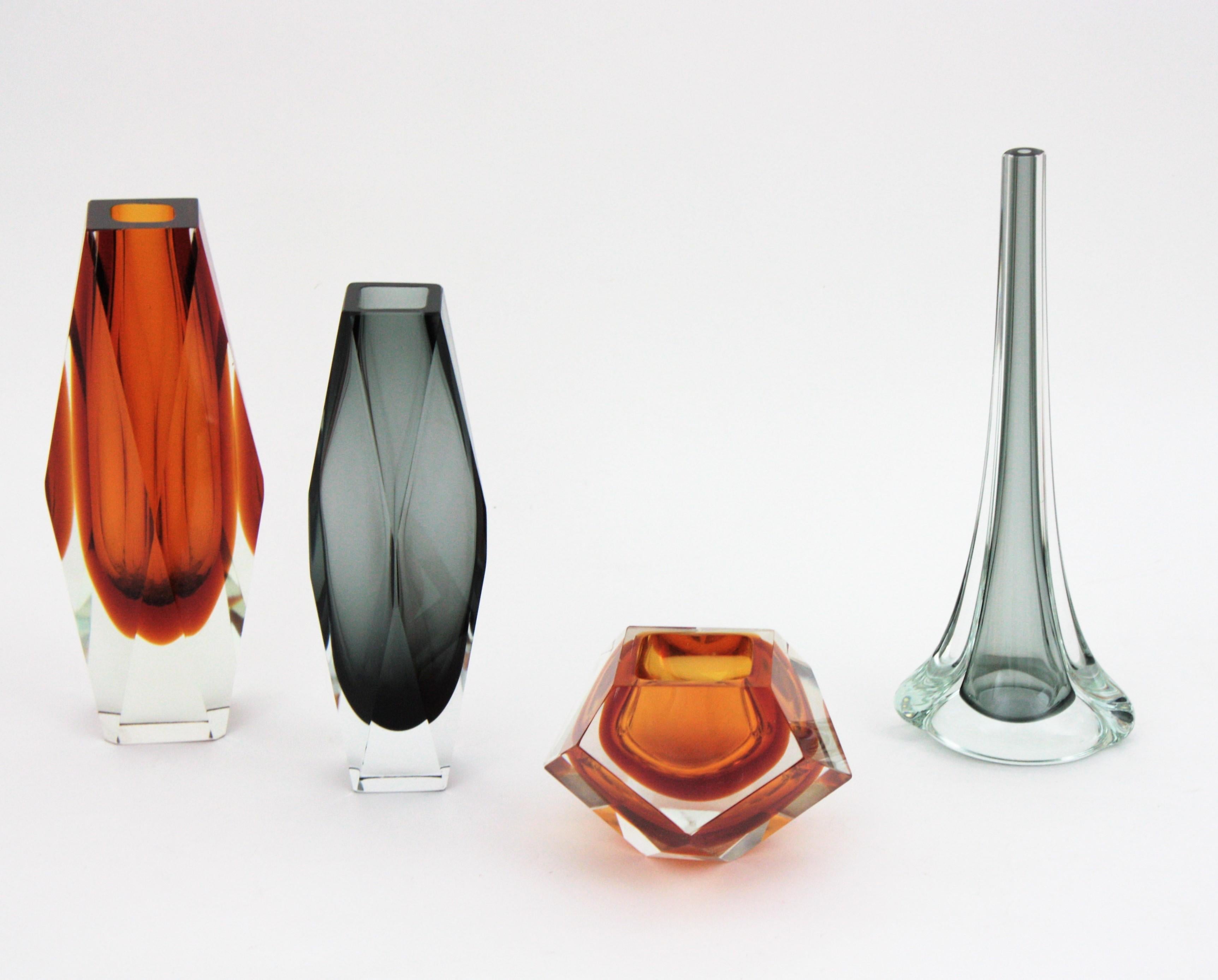Flavio Poli Seguso Murano Sommerso Smoked Grey and Clear Art Glass Vase 9