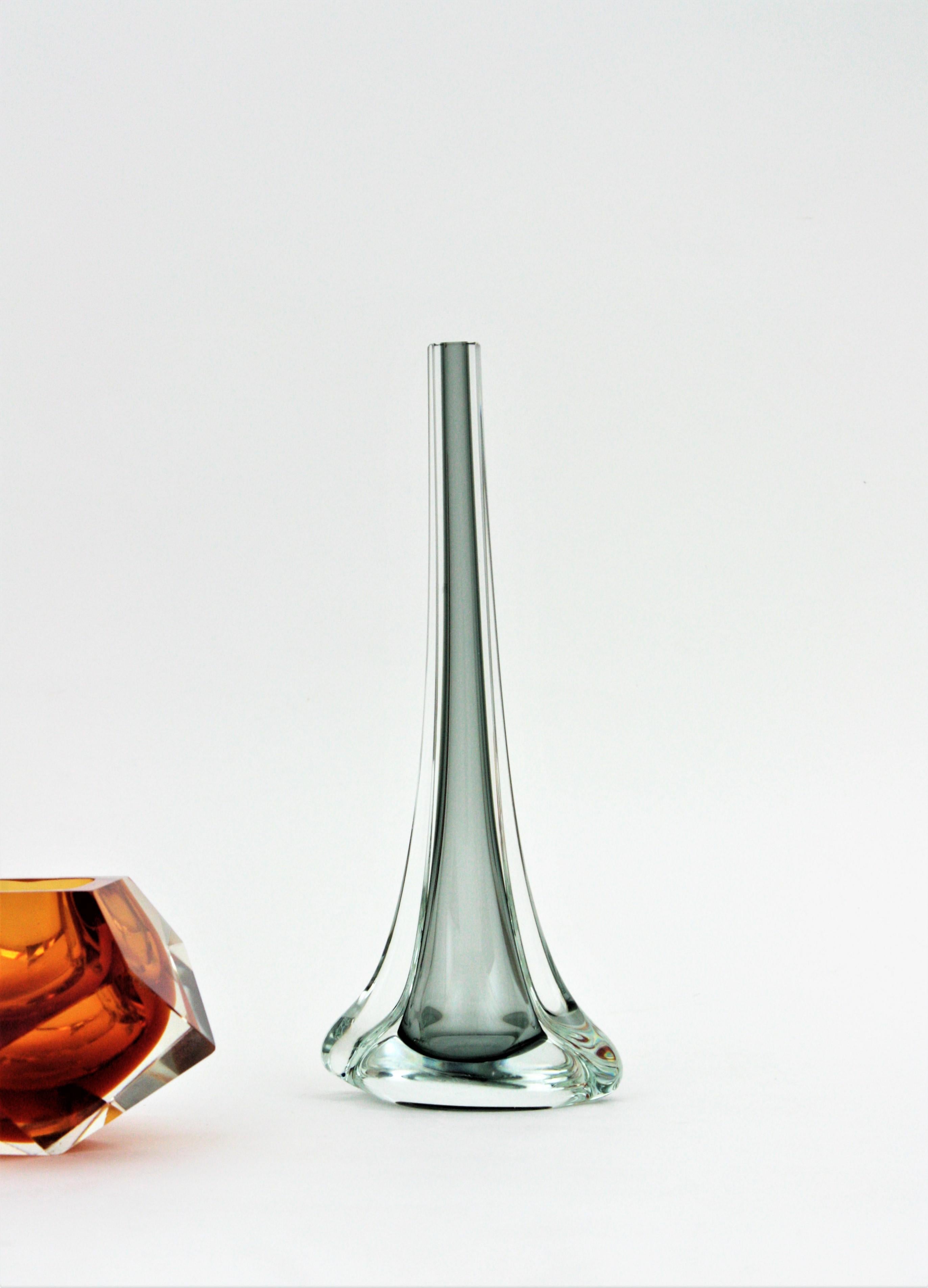 Mid-Century Modern Flavio Poli Seguso Murano Sommerso Smoked Grey and Clear Art Glass Vase