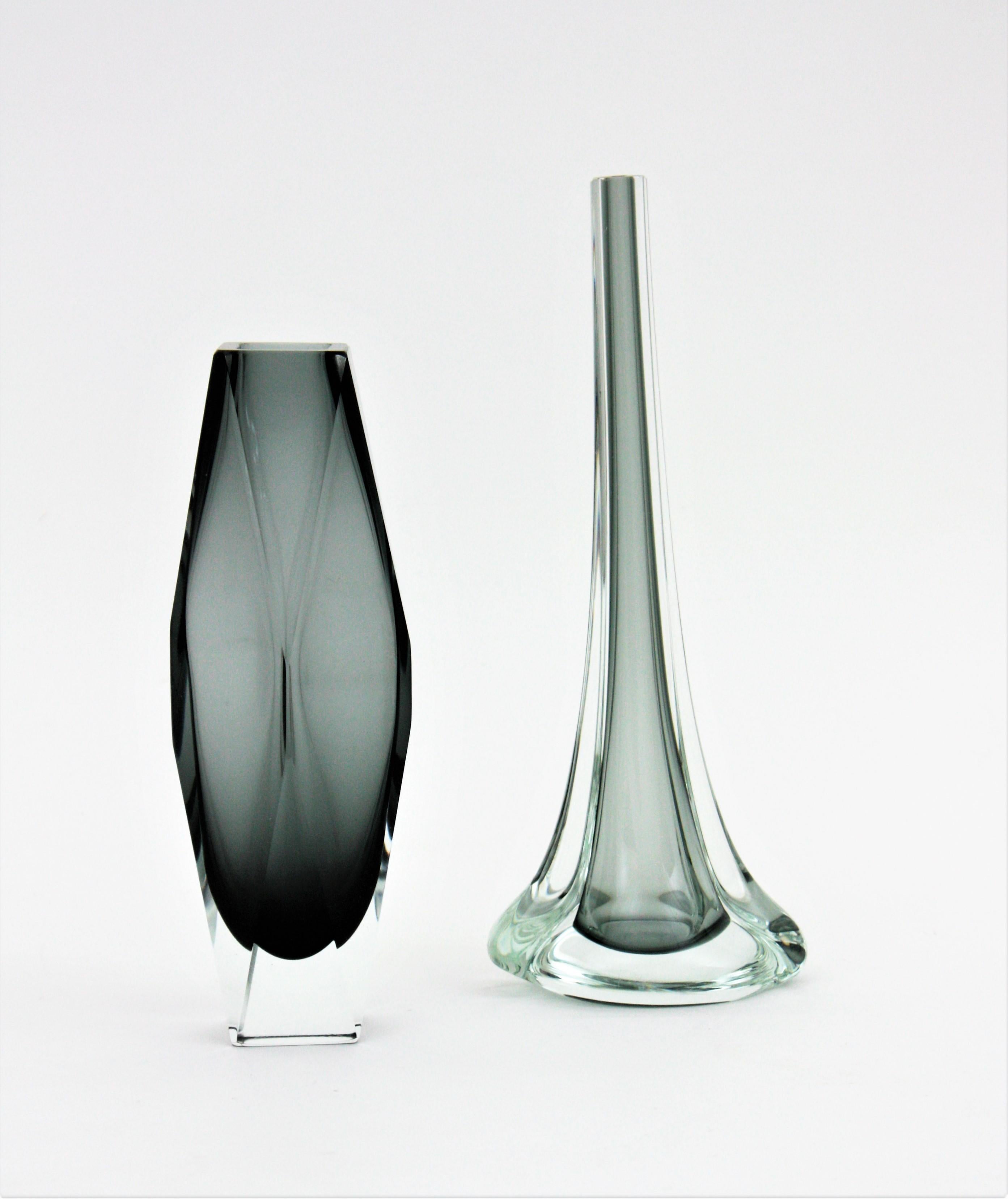 Flavio Poli Seguso Murano Sommerso Smoked Grey and Clear Art Glass Vase In Good Condition In Barcelona, ES