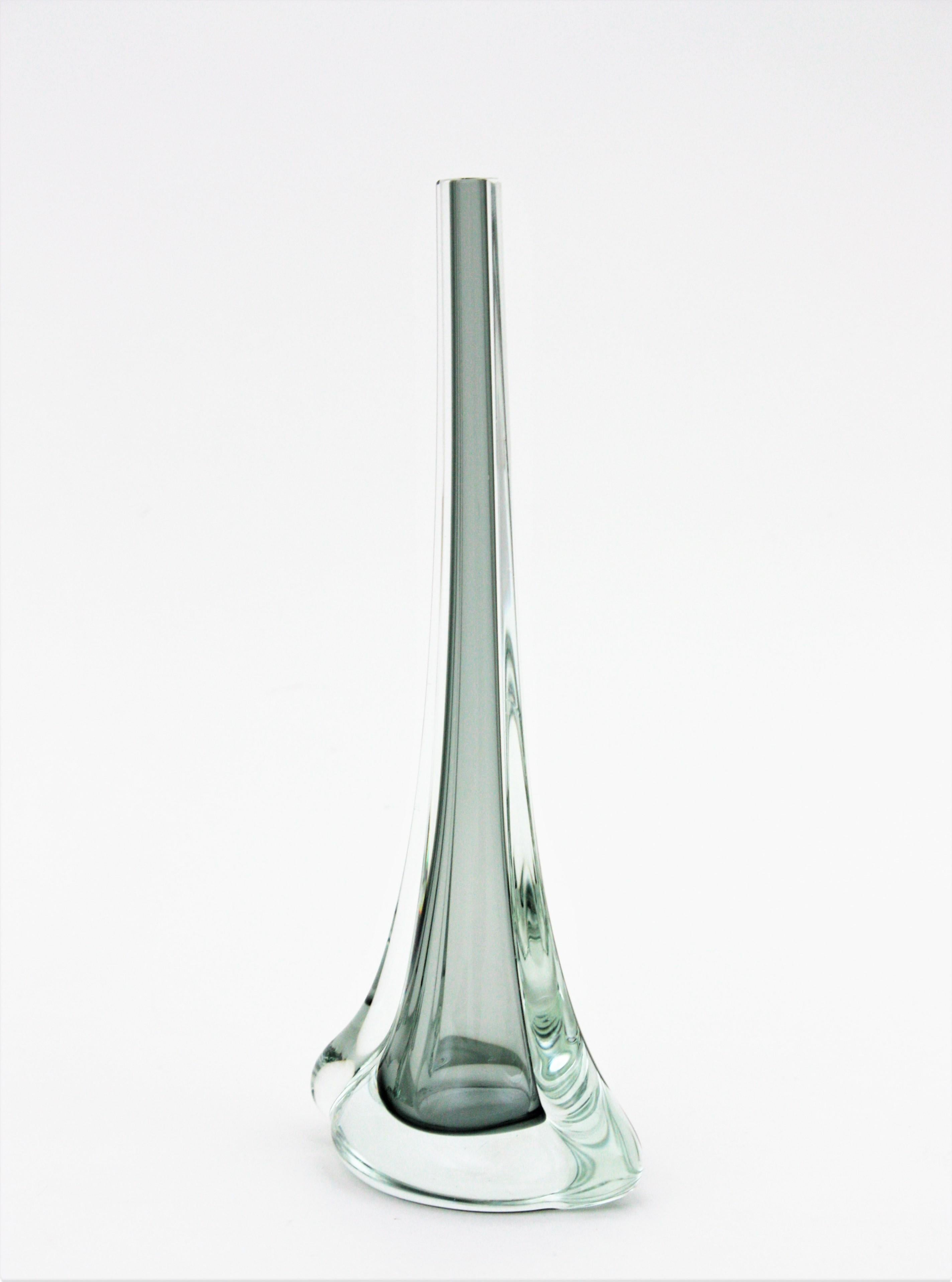 Flavio Poli Seguso Murano Sommerso Smoked Grey and Clear Art Glass Vase 1