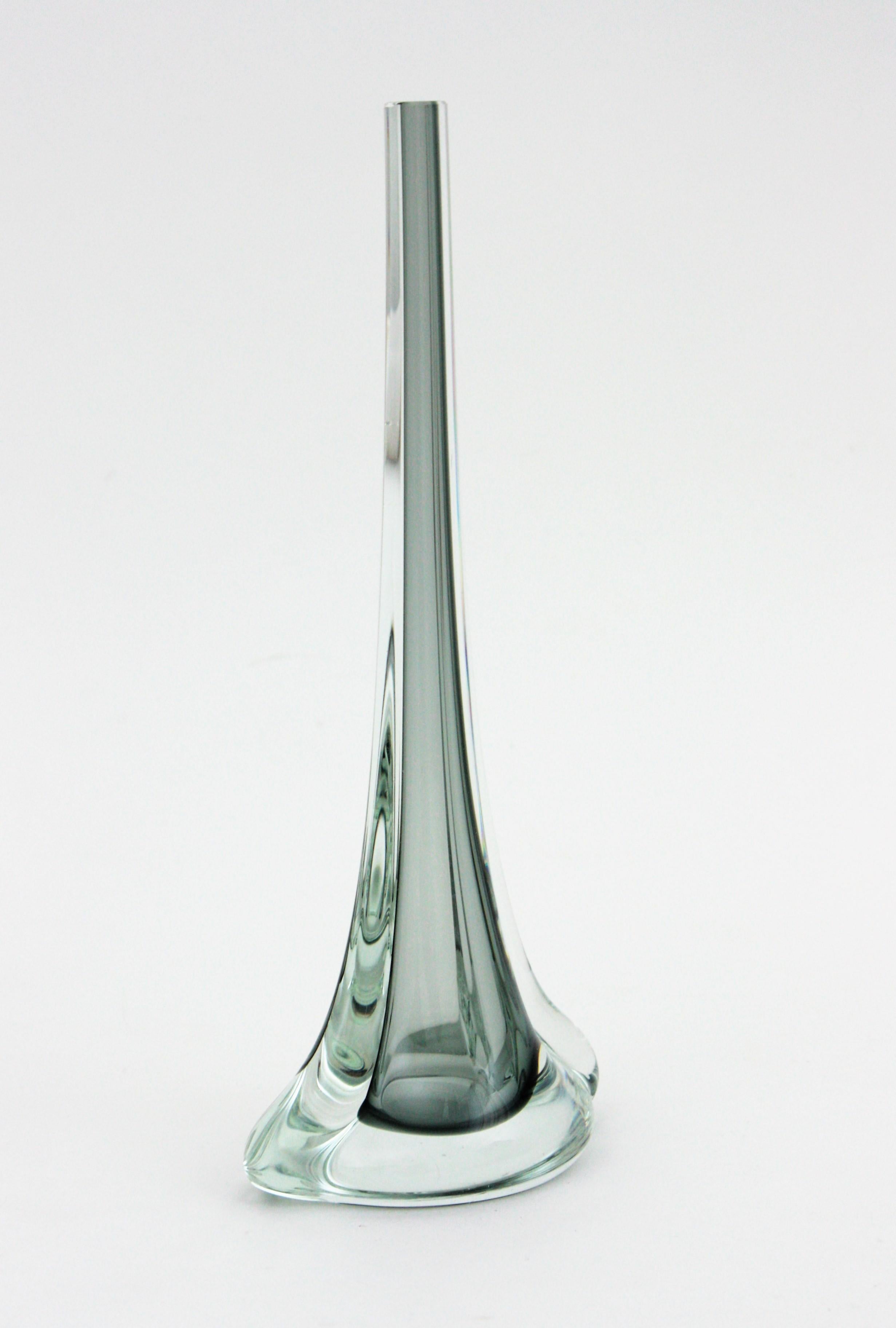 Flavio Poli Seguso Murano Sommerso Smoked Grey and Clear Art Glass Vase 2