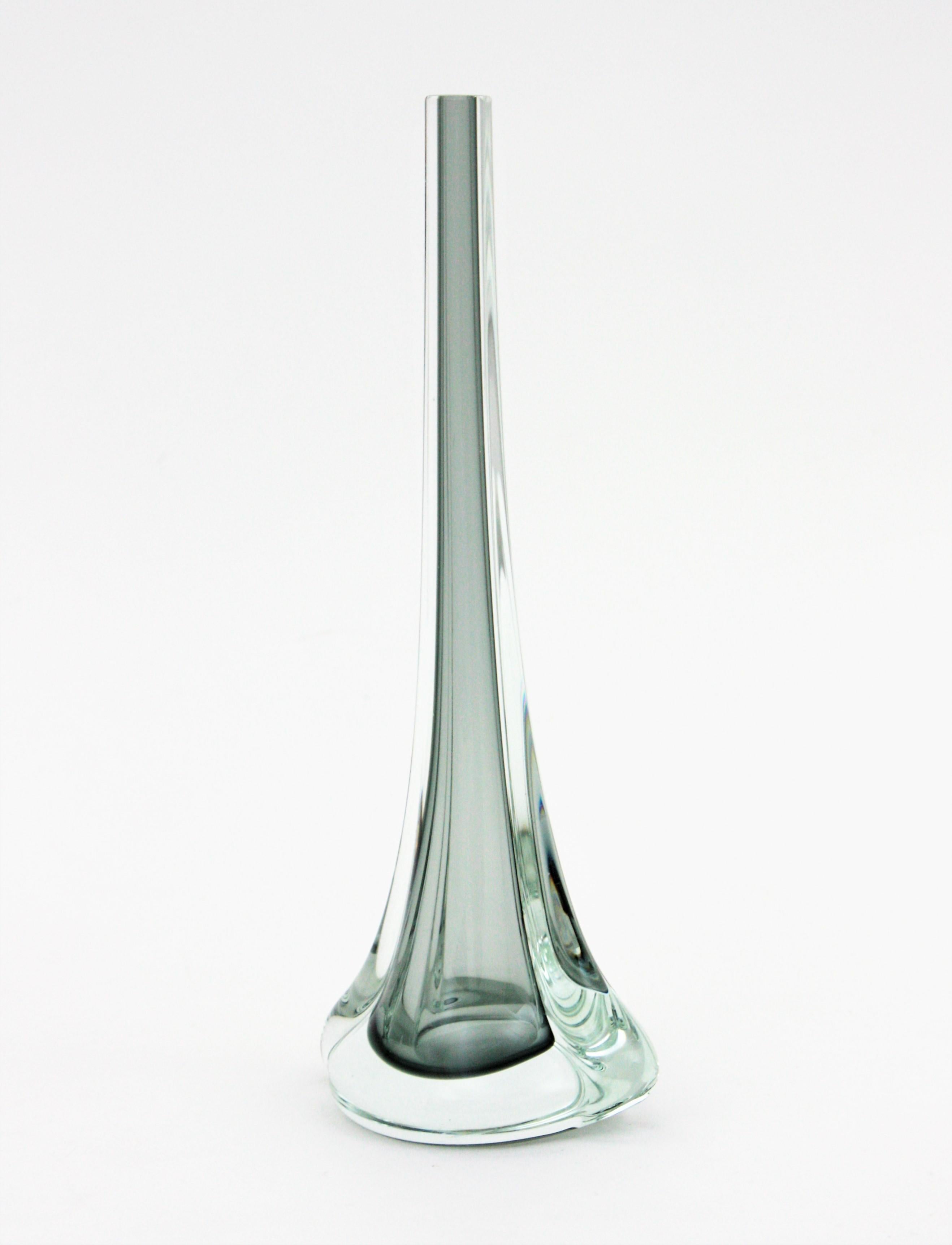 Flavio Poli Seguso Murano Sommerso Smoked Grey and Clear Art Glass Vase 3