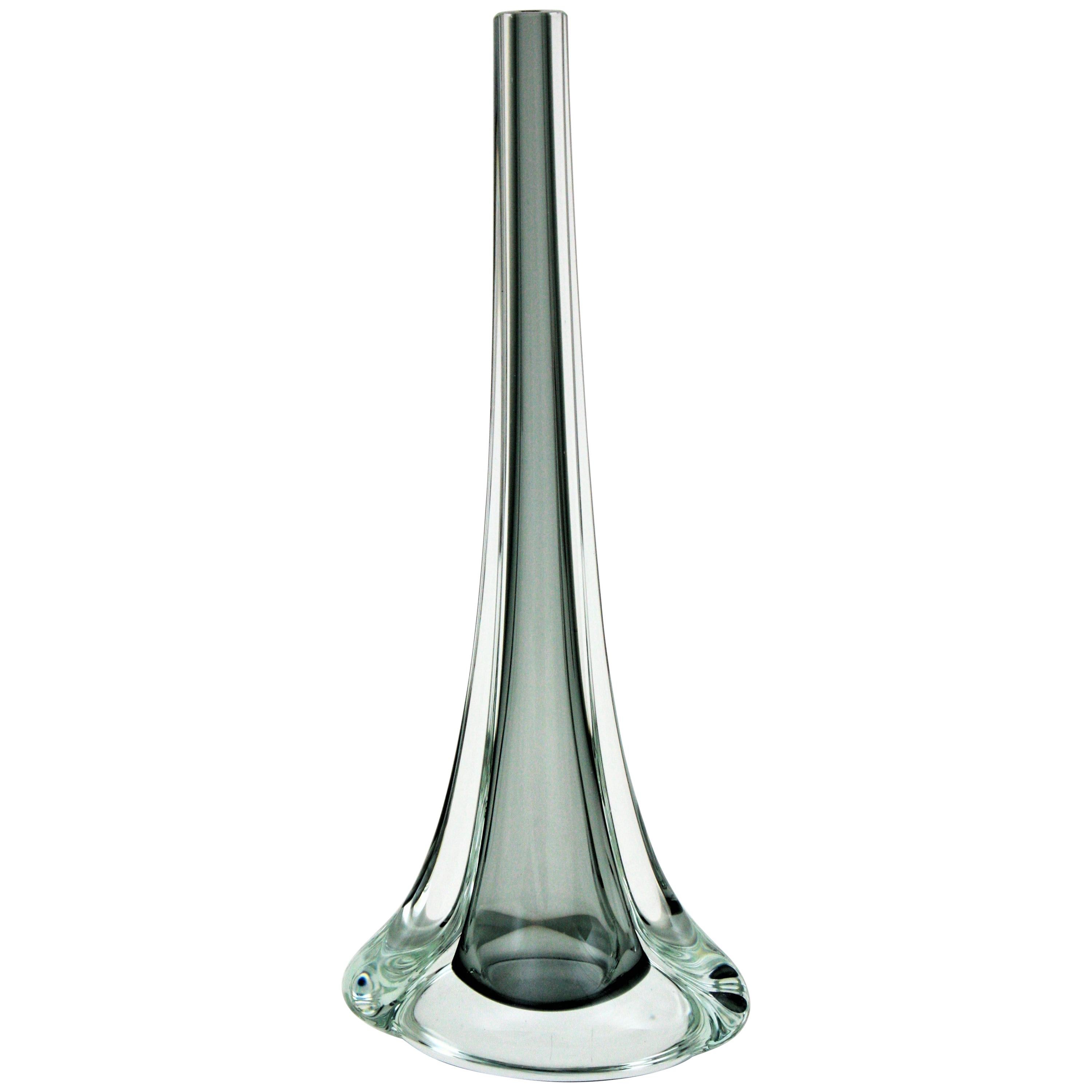 Flavio Poli Seguso Murano Sommerso Smoked Grey and Clear Art Glass Vase