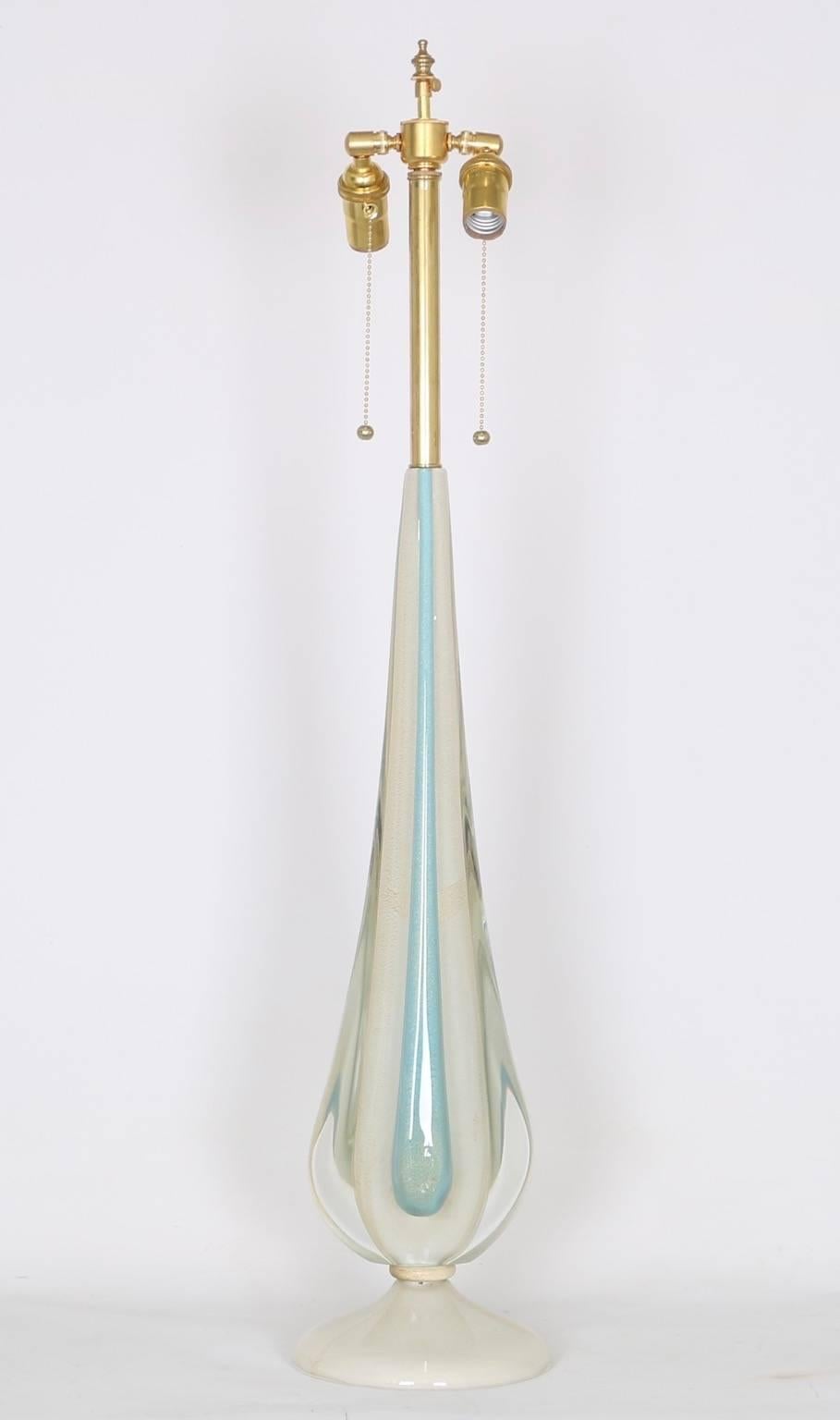 Monumental Murano glass lamp by Flavio Poli for Seguso in blue and white with gold aventurine in a Sommerso technique. The lamp is fully restored with all new wiring and hardware including a double socket cluster.

The noted height is to the