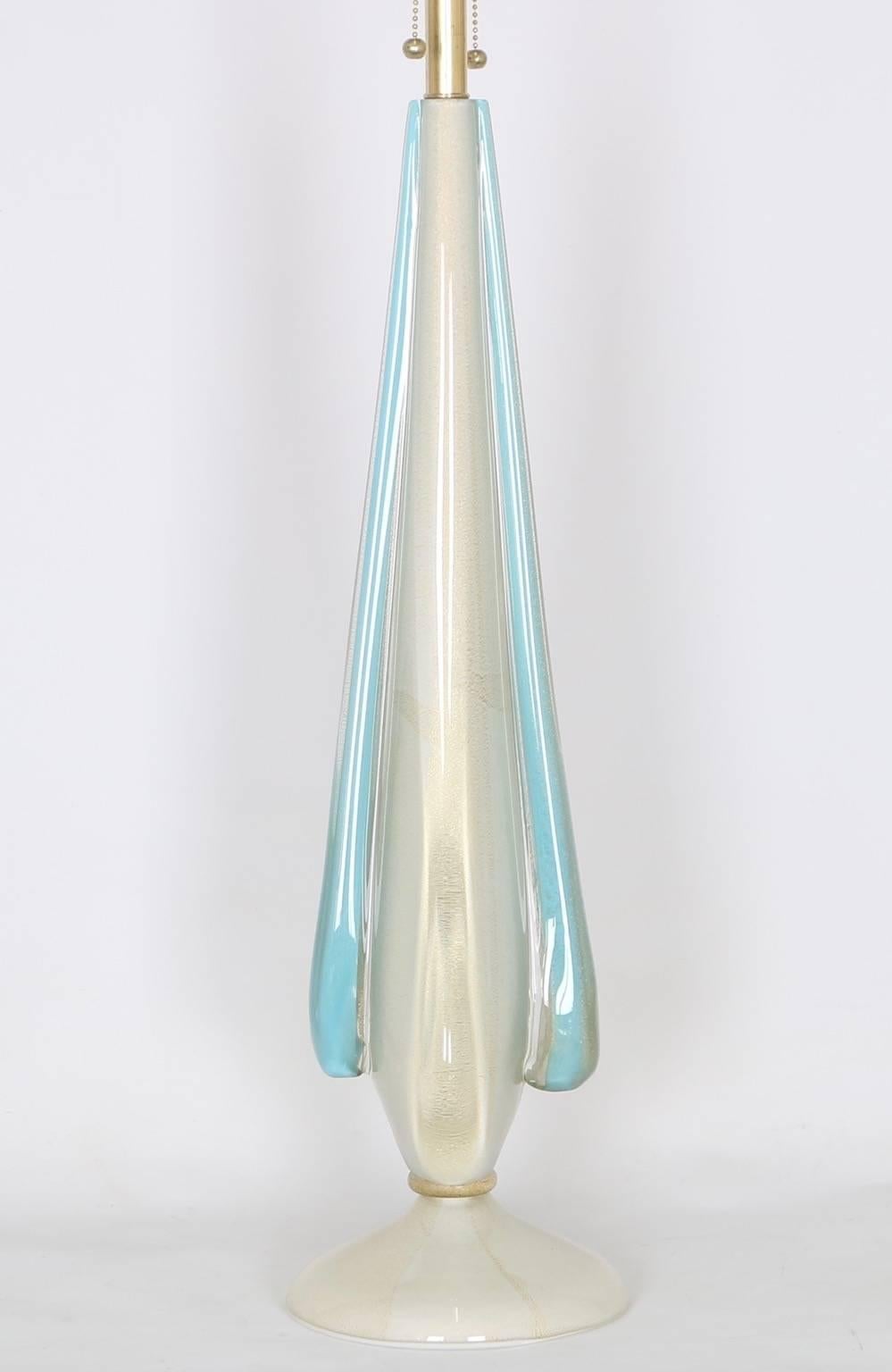 Mid-20th Century Flavio Poli for Seguso Sommerso Lamp in Blue and White with Gold Aventurine
