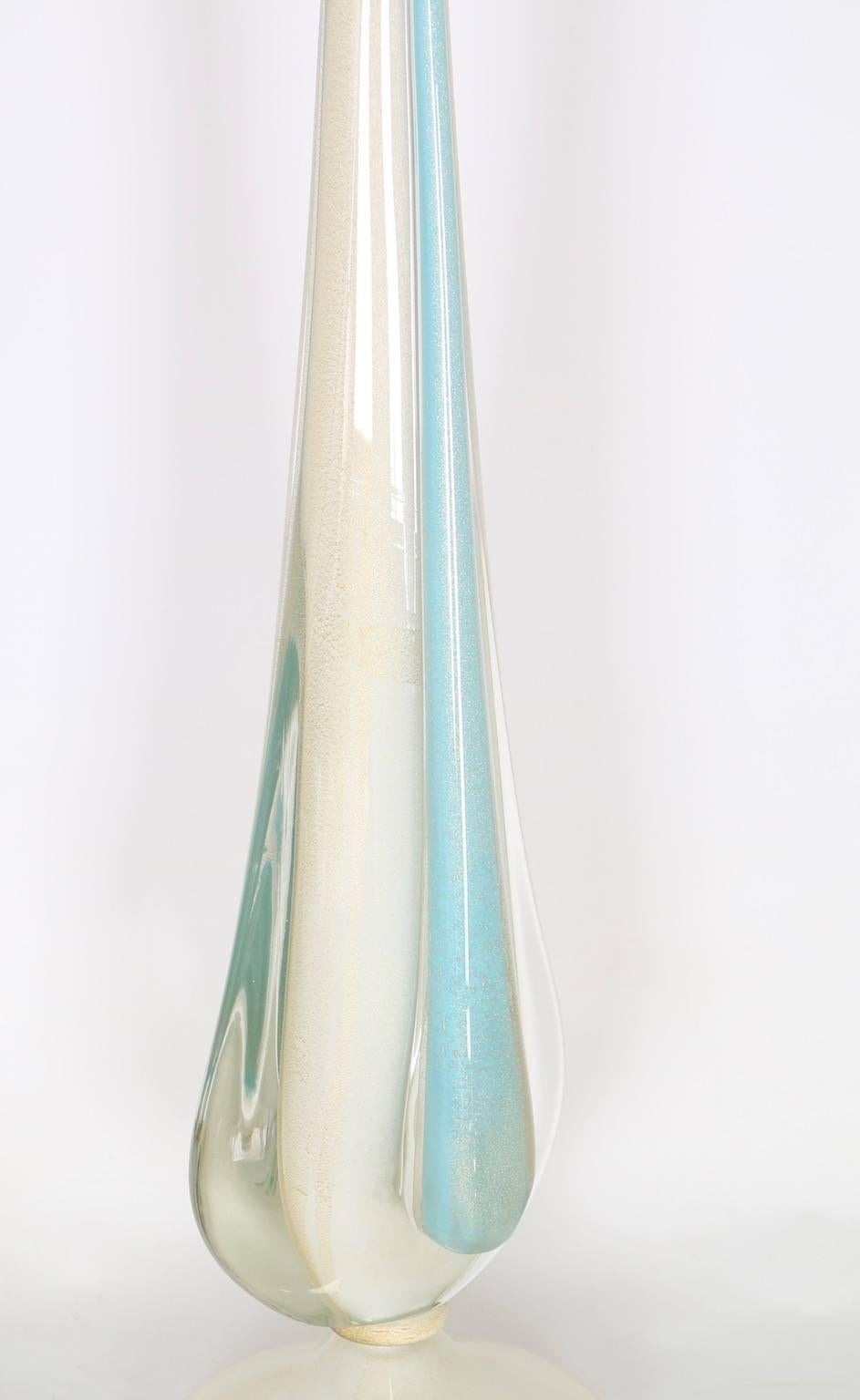 Murano Glass Flavio Poli for Seguso Sommerso Lamp in Blue and White with Gold Aventurine