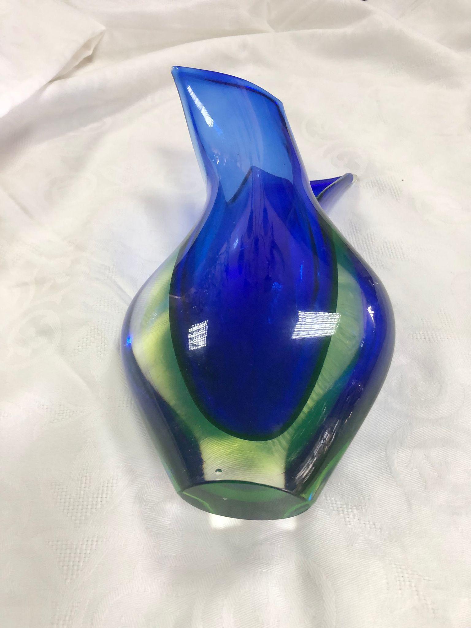 Glass vase by Flavio Poli for Seguso 1950. Made on the island of Murano, Venice, Italy. In a beautiful combination of Blue glass encased in glass, which is further encased in clear glass with shades of Green, using the renowned Venetian Sommerso