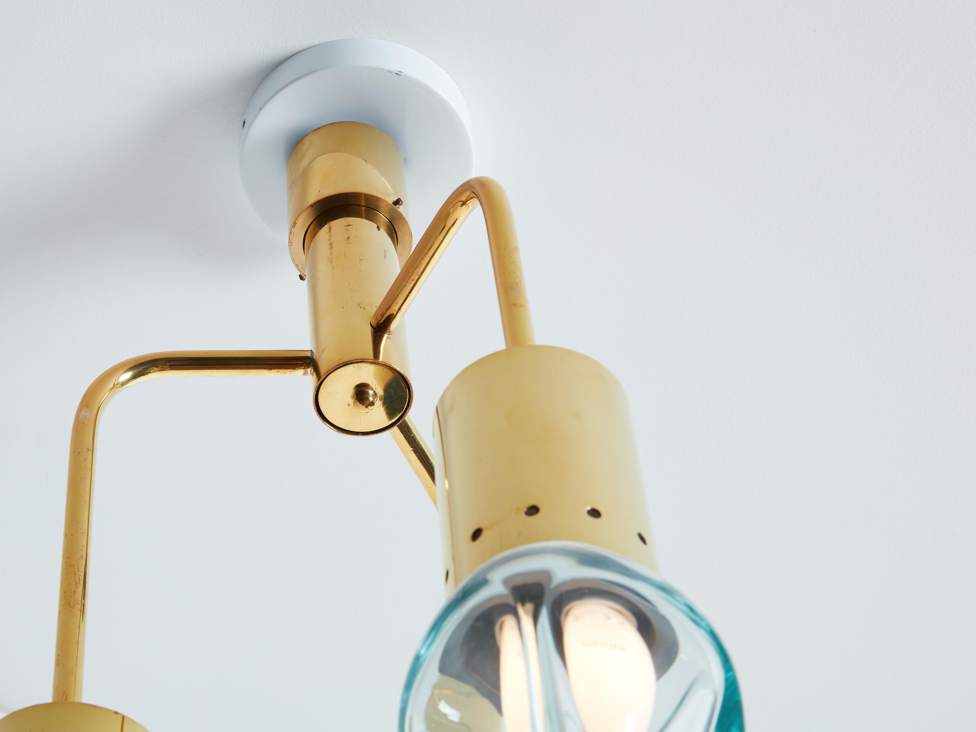 Brass Flavio Poli for Seguso thick Murano glass and brass chandelier 1950s For Sale