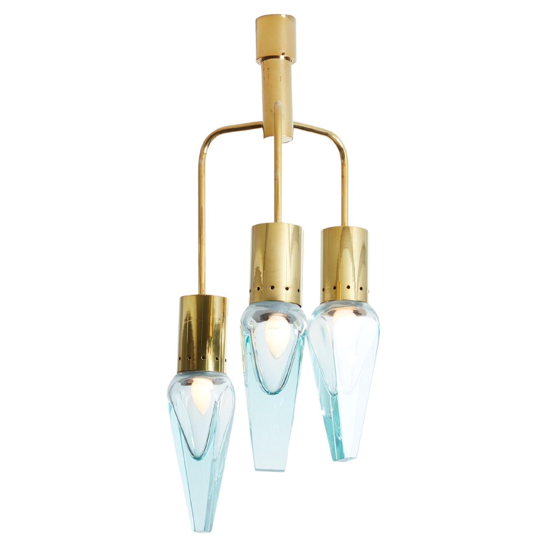 Flavio Poli for Seguso thick Murano glass and brass chandelier 1950s  For Sale