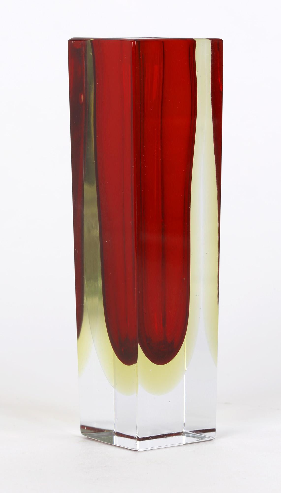 Flavio Poli for Seguso Vetri D'Art Murano Red Sommerso Faceted Glass Vase 2