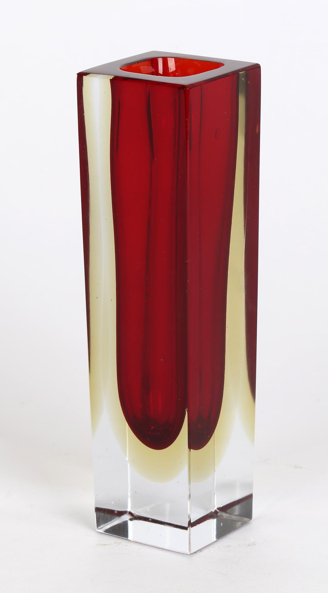 Italian Flavio Poli for Seguso Vetri D'Art Murano Red Sommerso Faceted Glass Vase