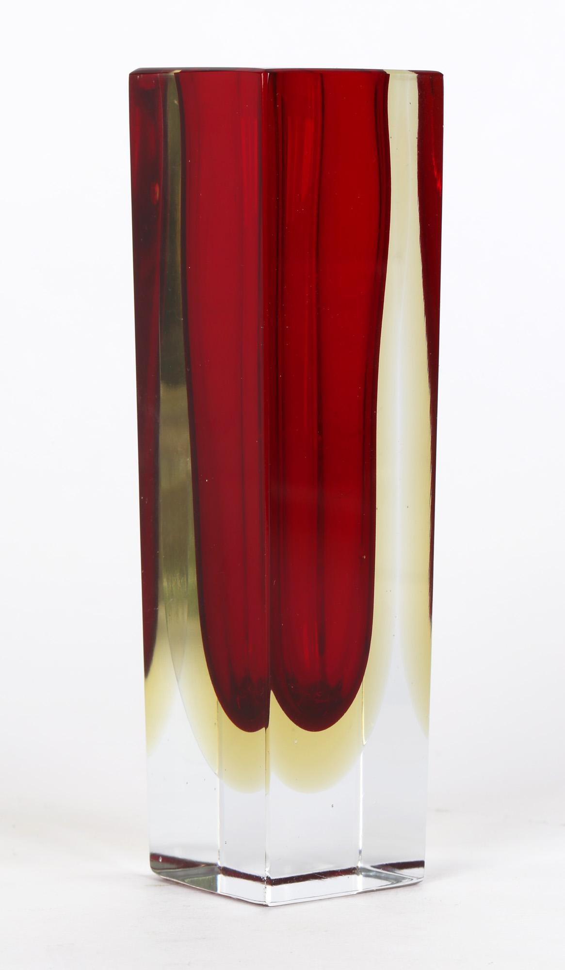 20th Century Flavio Poli for Seguso Vetri D'Art Murano Red Sommerso Faceted Glass Vase