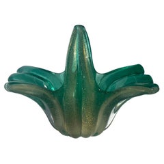 Mid Century Modern Sculpture Green Art Glass Vase Bowl Basket Murano Seguso