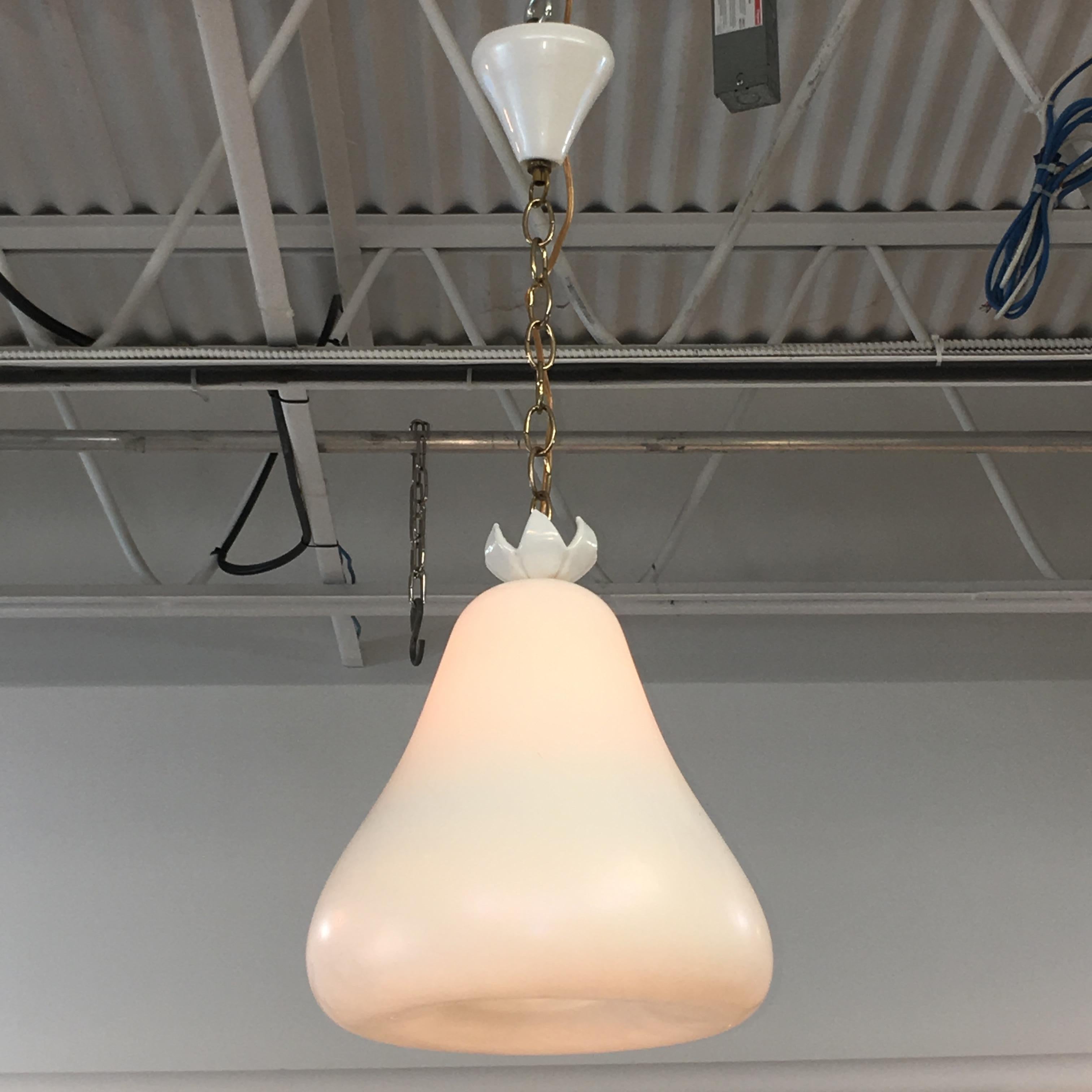 Original iridescent opaque white Murano glass bell-form campagna pendant light commissioned by Aldo Bennati, a Genoese shipping industrialist and owner of the Hotel Bauer in Venice for the 1954 reopening of the famous Grand Hotel Bristol di Merano.