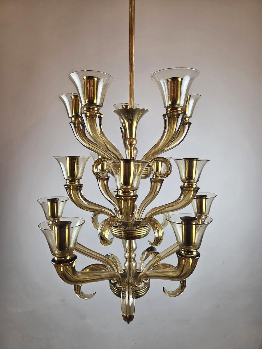 Italiano Lampadario in vetro di Flavio Poli con 15 bracci luminosi, 1940 in vendita
