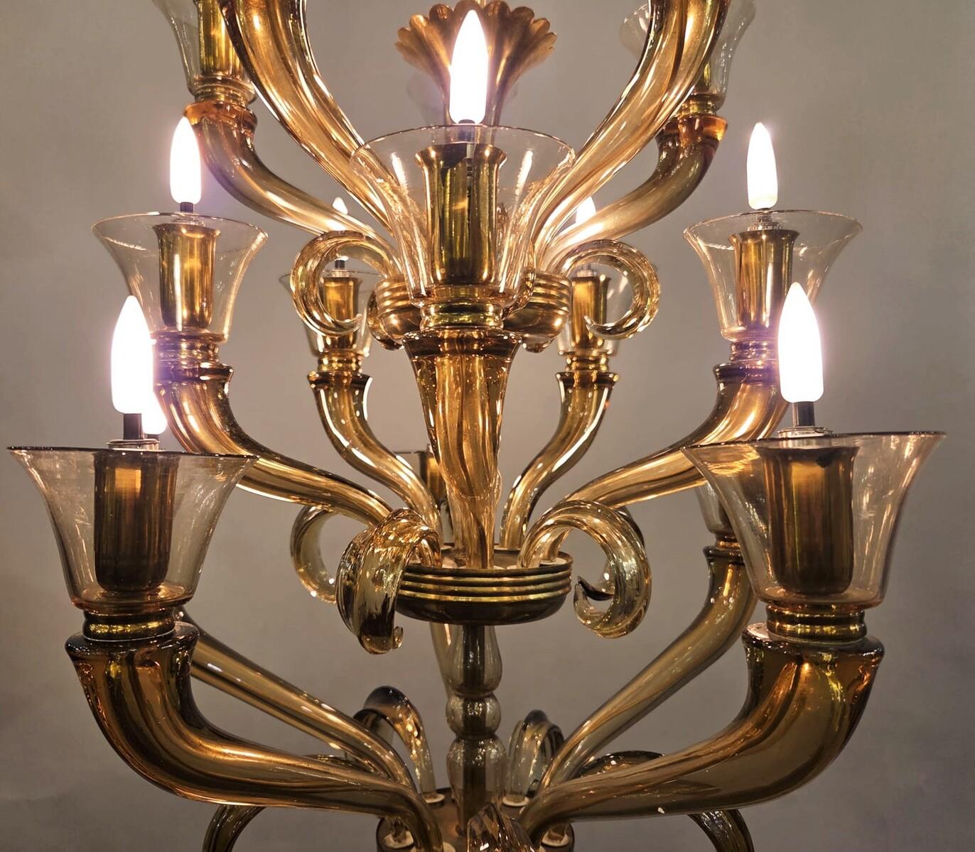 Vetro Lampadario in vetro di Flavio Poli con 15 bracci luminosi, 1940 in vendita