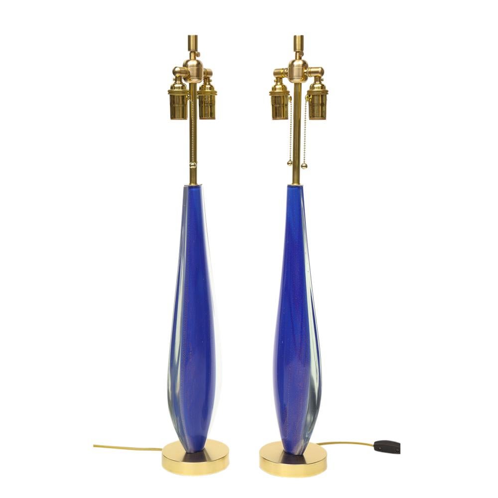 Mid-20th Century Flavio Poli Lamps, Sommerso Glass, Blue, Gold, Seguso, Murano For Sale