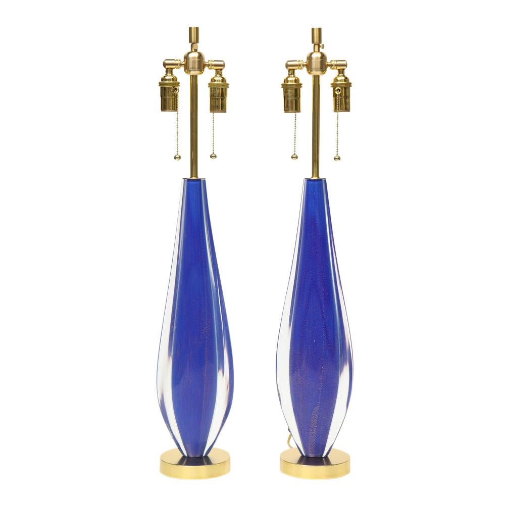 Mid-Century Modern Flavio Poli Lamps, Sommerso Glass, Blue, Gold, Seguso, Murano For Sale