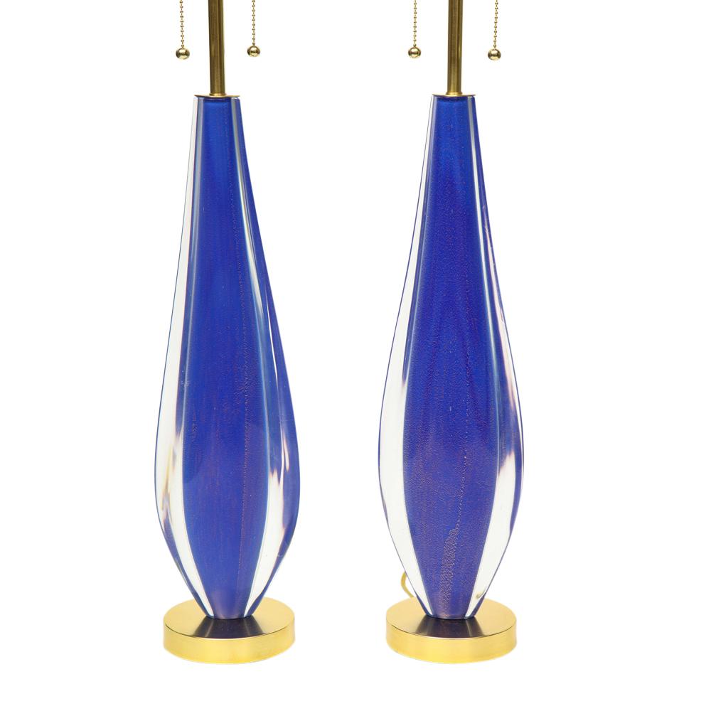 Italian Flavio Poli Lamps, Sommerso Glass, Blue, Gold, Seguso, Murano For Sale