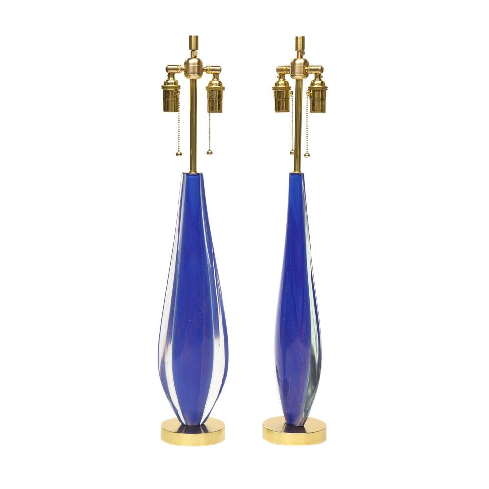 Flavio Poli Lamps, Sommerso Glass, Blue, Gold, Seguso, Murano In Good Condition For Sale In New York, NY