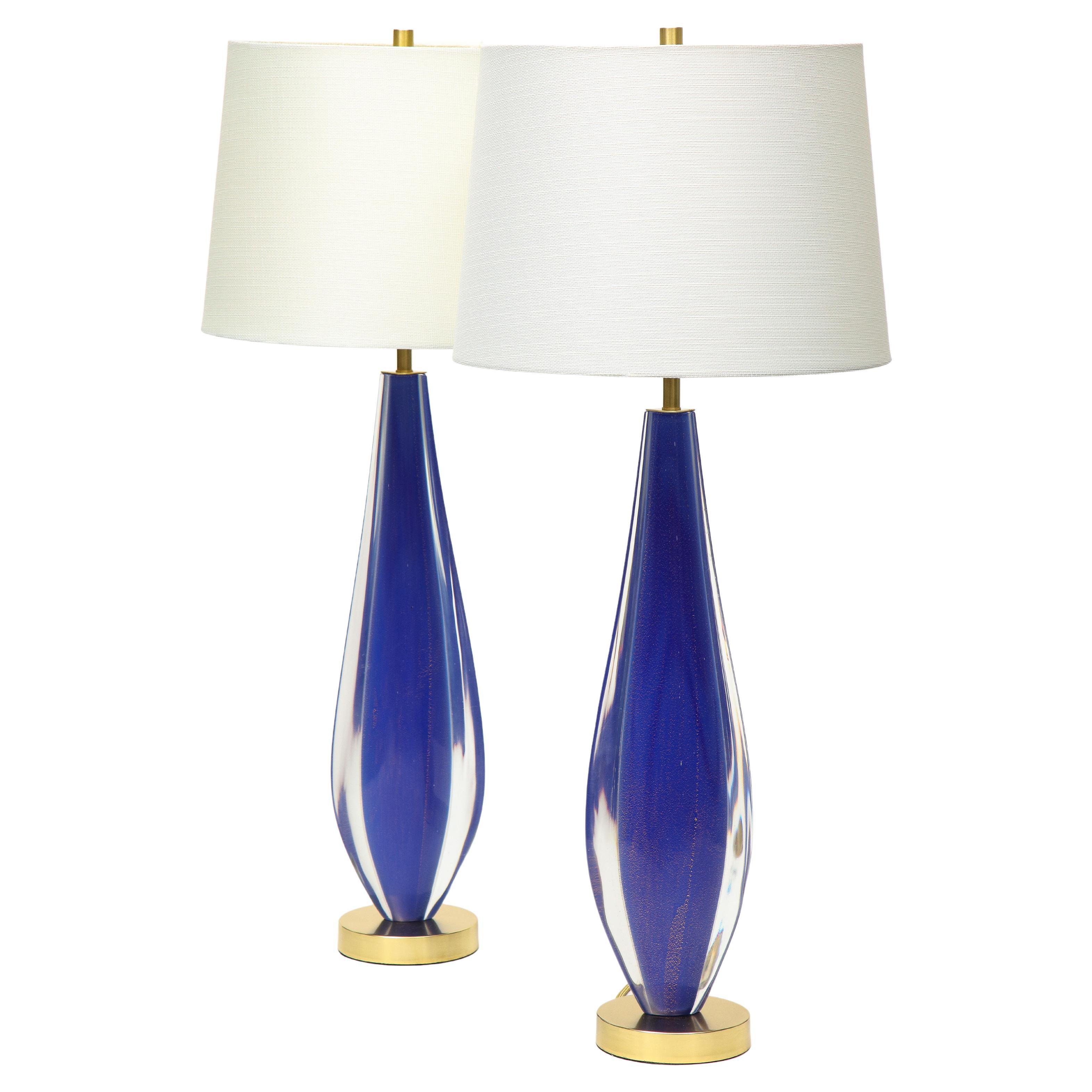 Flavio Poli Lamps, Sommerso Glass, Blue, Gold, Seguso, Murano For Sale