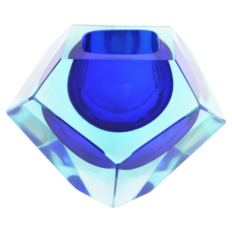 Flavio Poli Murano Blue Sommerso Faceted Art Glass Bowl For Sale at 1stDibs