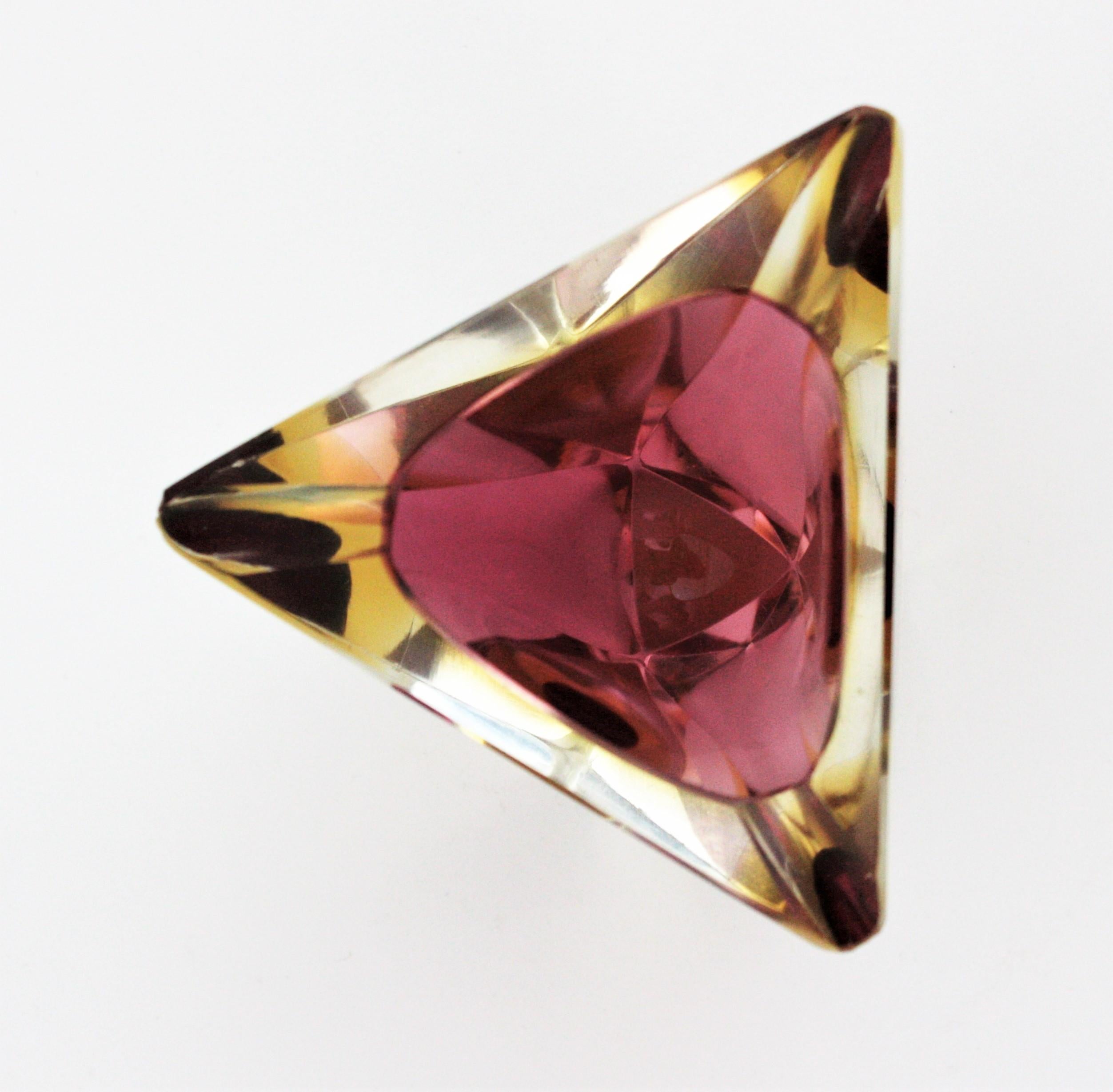 Murano Glass Flavio Poli Murano Faceted Sommerso Purple Yellow Glass Triangular Ashtray /Bowl For Sale