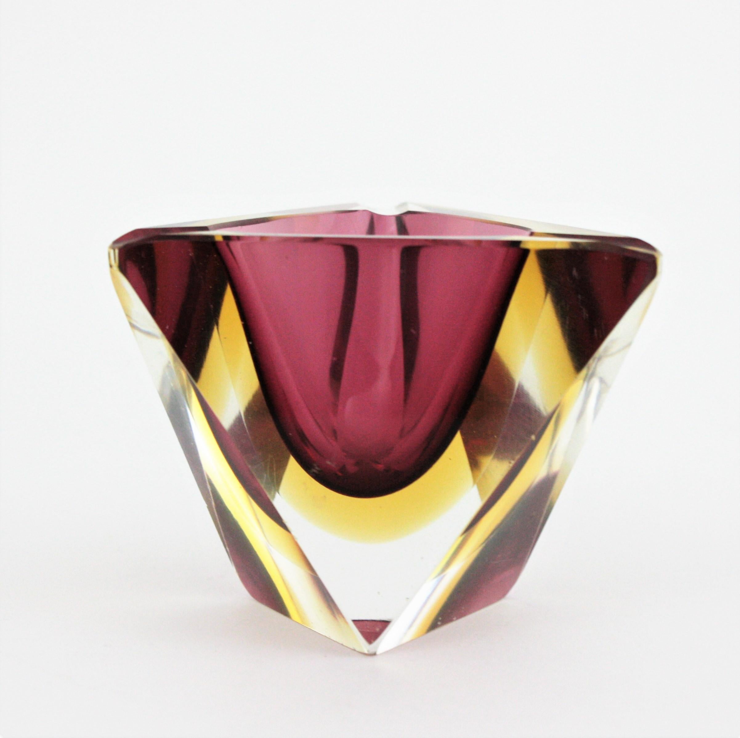 Flavio Poli Murano Faceted Sommerso Purple Yellow Glass Triangular Ashtray /Bowl For Sale 1