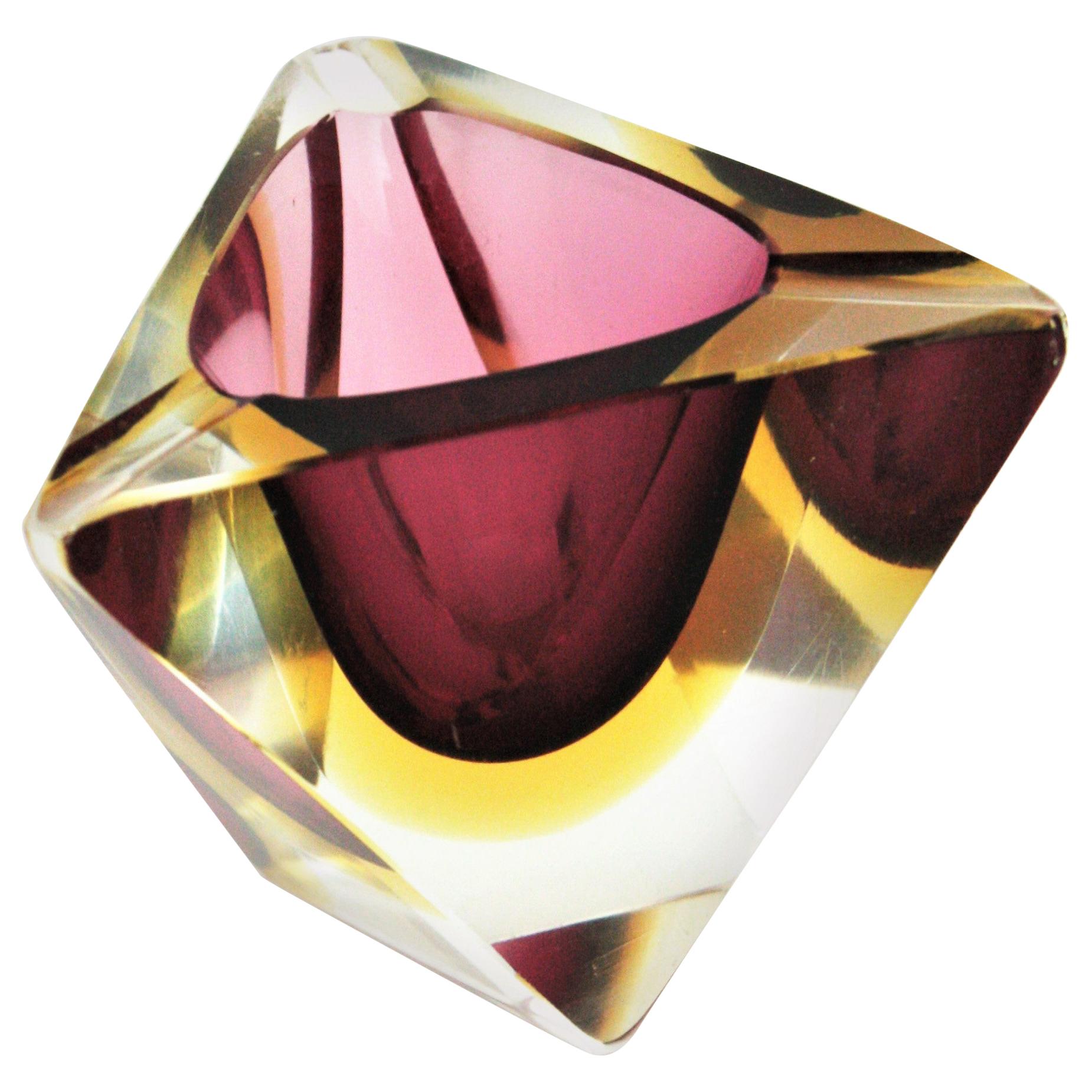 Flavio Poli Murano Faceted Sommerso Purple Yellow Glass Triangular Ashtray /Bowl