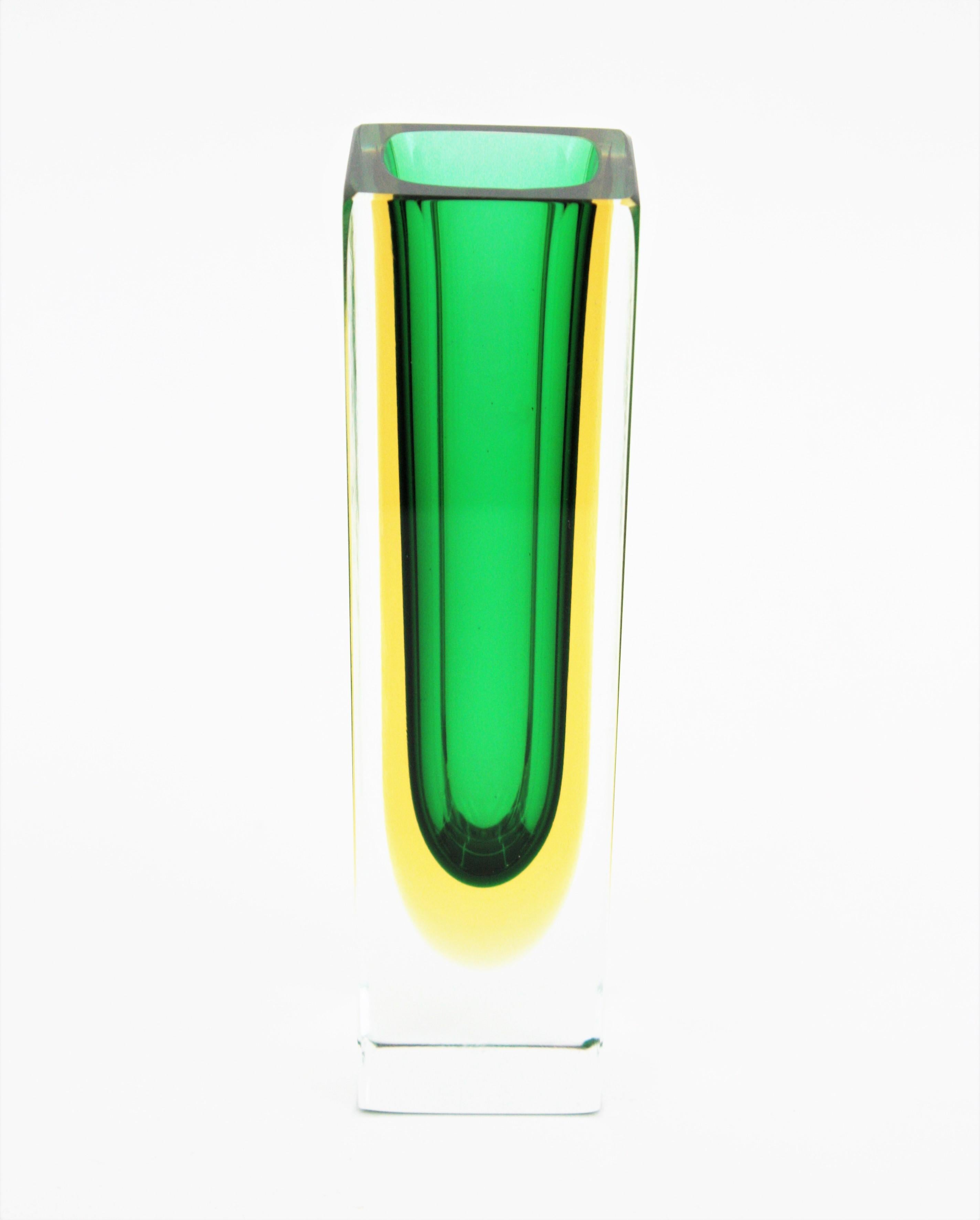 Italian Flavio Poli Murano Faceted Sommerso Green Yellow and Clear Art Glass Vase For Sale